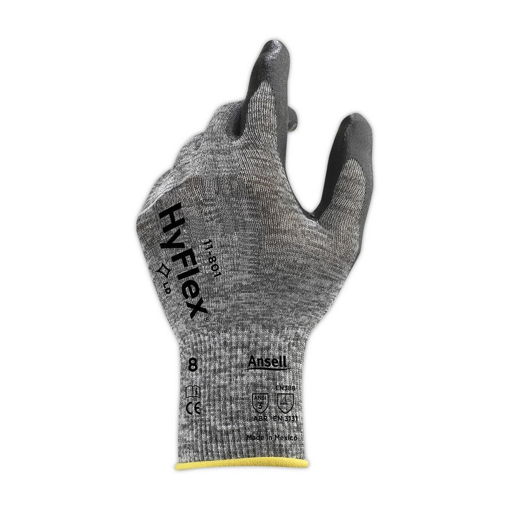 Ansell 103384 HyFlex 11-801 Grey and Black Nitrile Coated Machine Knit Gloves, 0.42" Height, 9.5" Length, 5" Wide, Size 9, Gray (Pack of 12)