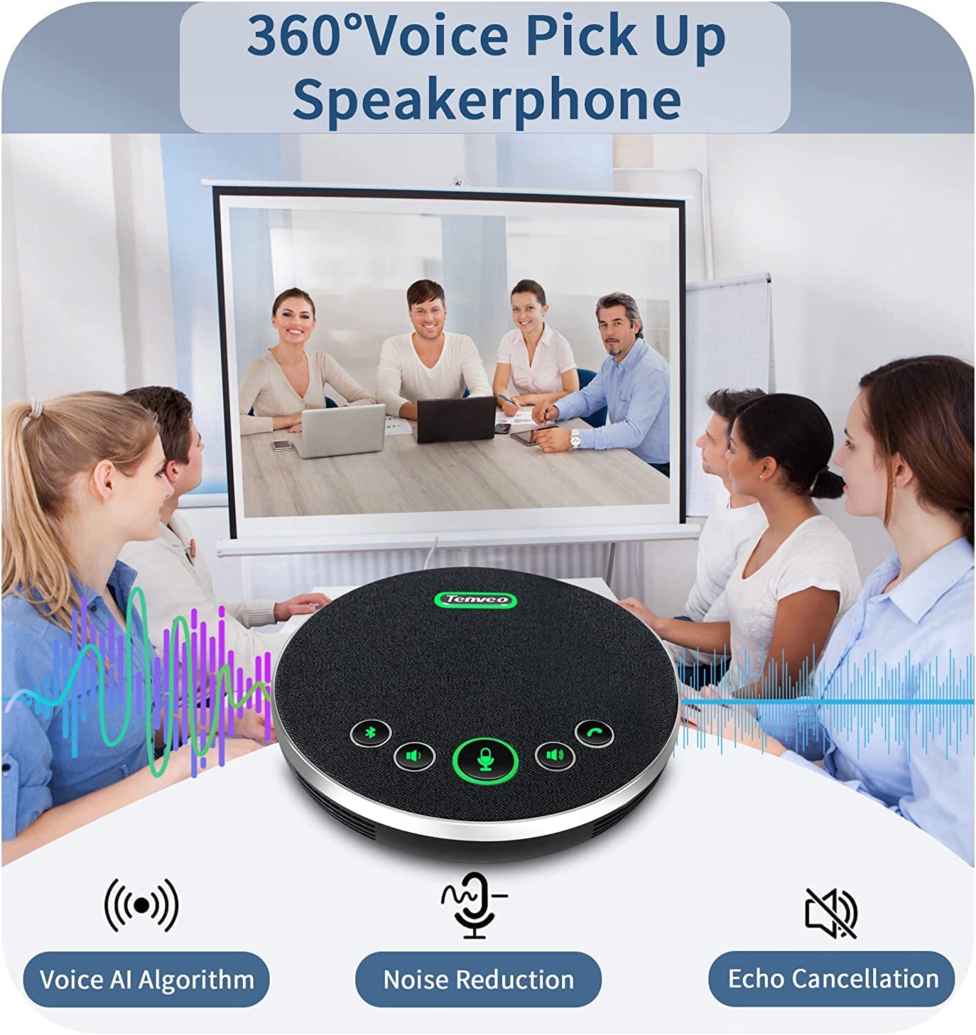 Tenveo Conference Speaker with Microphone, Bluetooth/Wireless/USB omnidirectional Speakerphone Noise Cancelling Conference Call 360° Pickup for OBS Zoom MicroTeams for 10~12 People Online Meeting