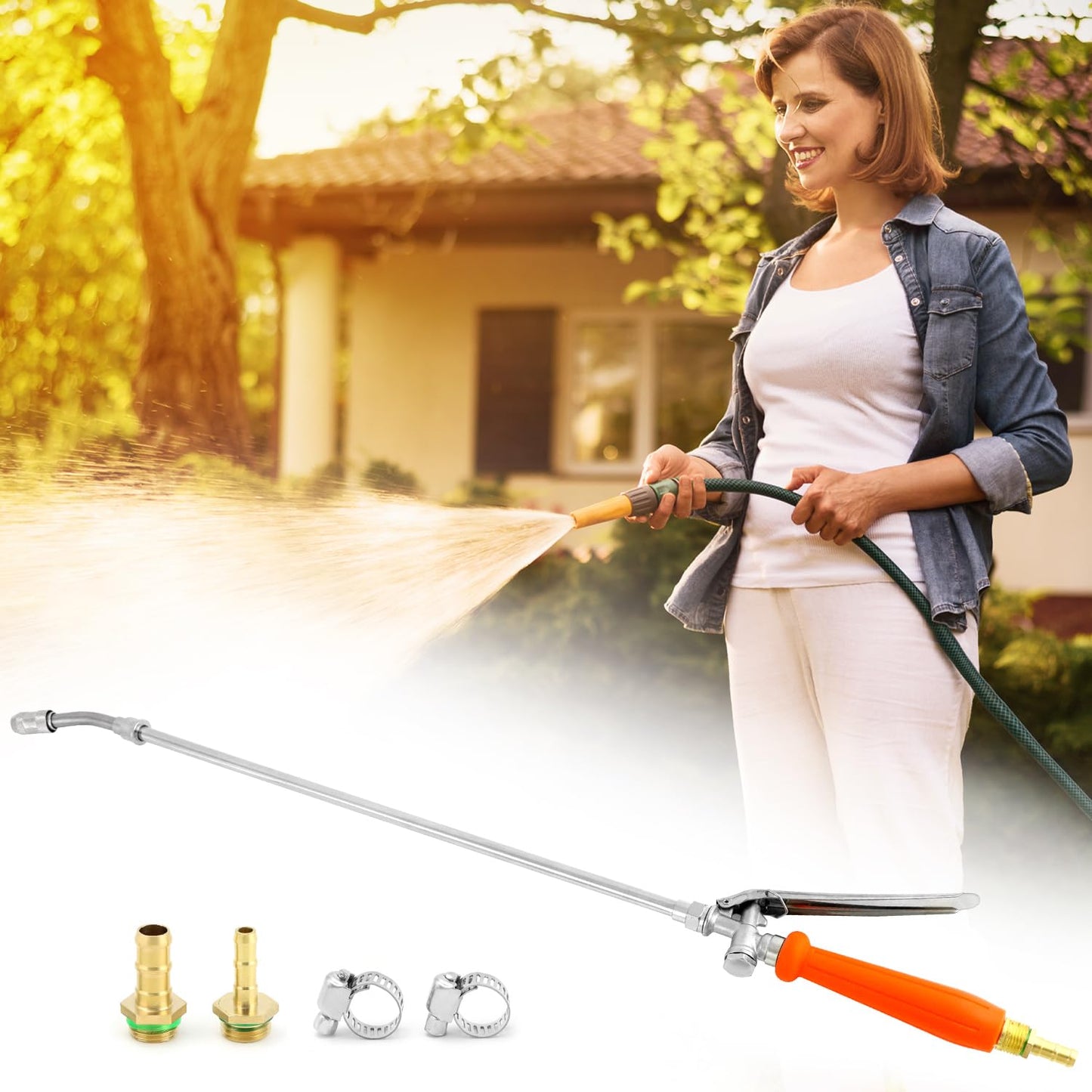 QWORK 2Pcs All Metal Replacement Sprayer Wand Kit - 29 Inch, Adjustable Nozzle, Brass Barbs Match 3/8'' & 1/4'' Hoses, Universal Sprayer Wand with Shut off Valve & 2 Hose Clamps