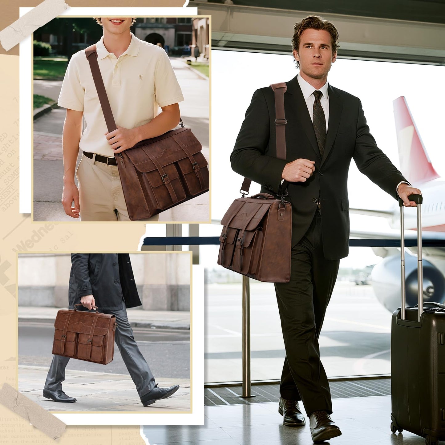 RAINSMORE Mens Messenger Bag 17 Inch Leather Laptop Briefcase Satchel Computer Shoulder Bag for Business Travel Work College, Brown