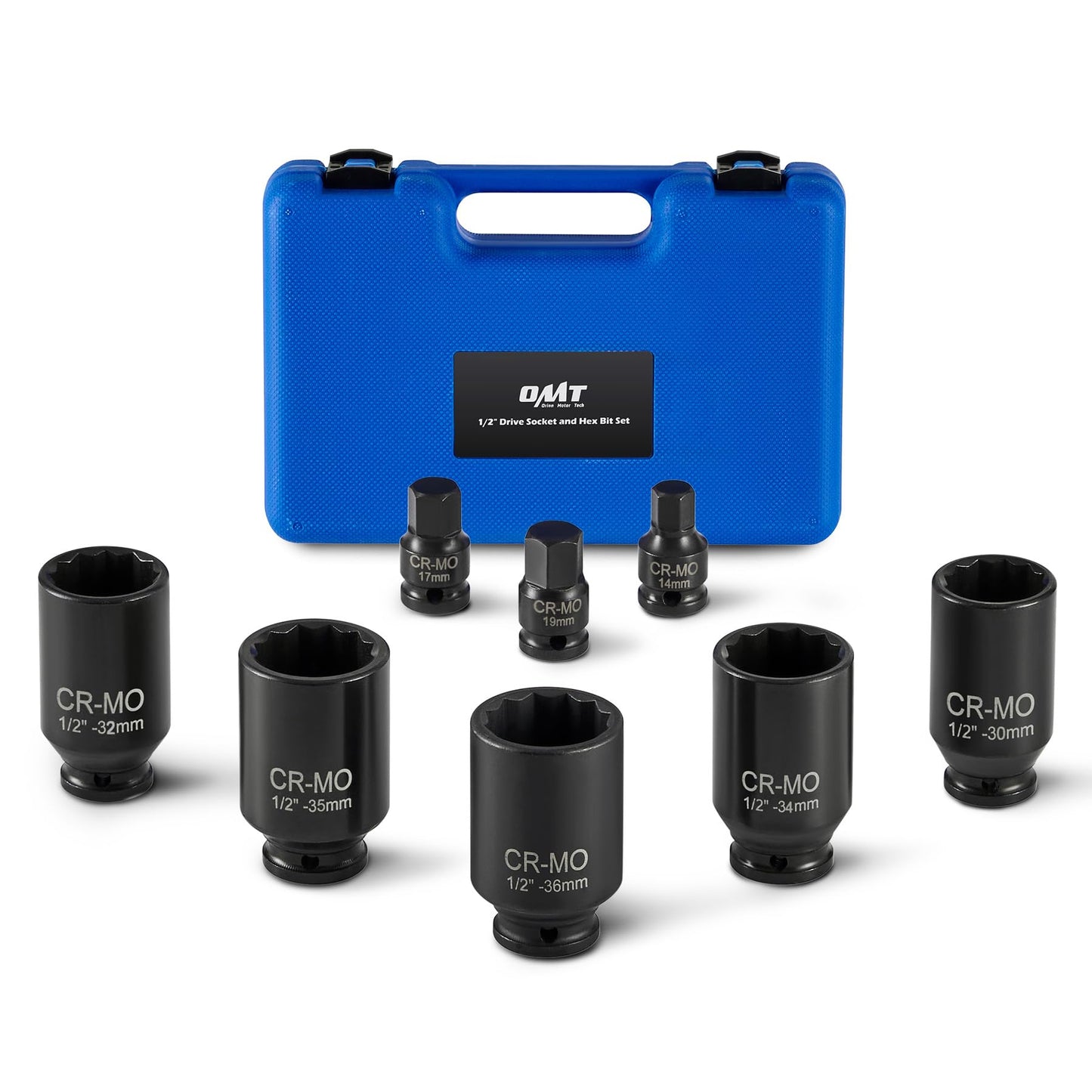 Orion Motor Tech 8pc Axle Nut Socket Set, 1/2 in Drive Metric 12 Point CR-MO Axle Nut Impact Socket Set, Extra-Deep Spindle Axle Nut Sockets with Storage Case, 14mm 17mm 19mm, 30mm 32mm 34mm 35mm 36mm