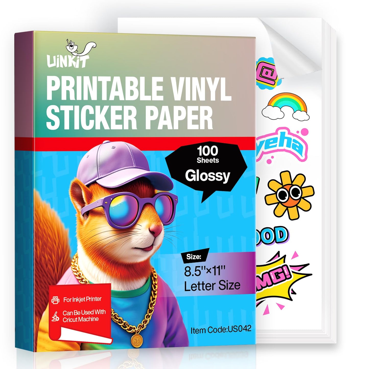 Premium Glossy Printable Vinyl Sticker Paper 8.5x11Inches 100 Sheets, Quickly-Dries, Strong-Adhesive Sheets for Pet Photos & Kids Crafts, Tear-Resistant Decals Letter Size 8.5"x11" for Inkjet Printers
