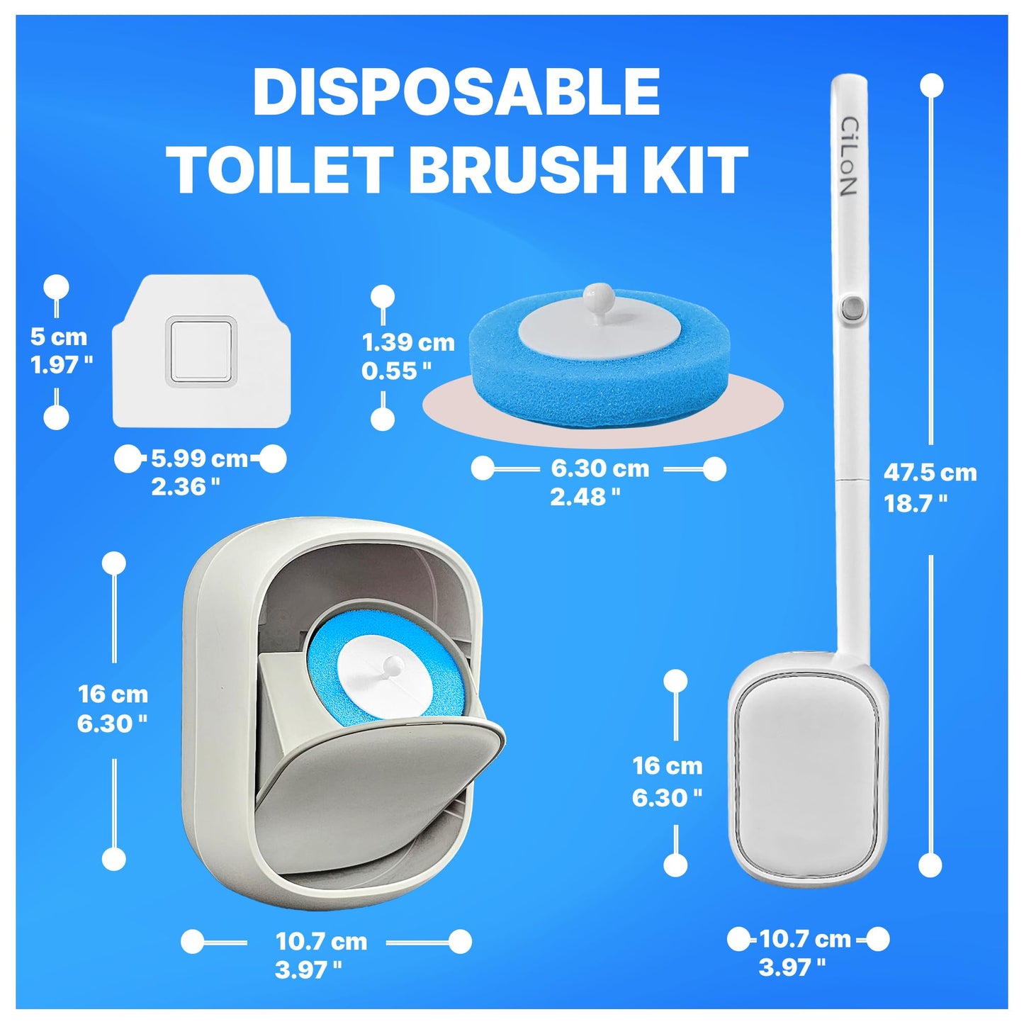 CiLoN Disposable Toilet Cleaning System + 30 Disposal Toilet Bowl Brush Refill Heads. Space-Saving Wall Mounted Toilet Brush and Holder Set for Modern Bathrooms & RVs. (Starter Kit + 30 Sponge Pads)