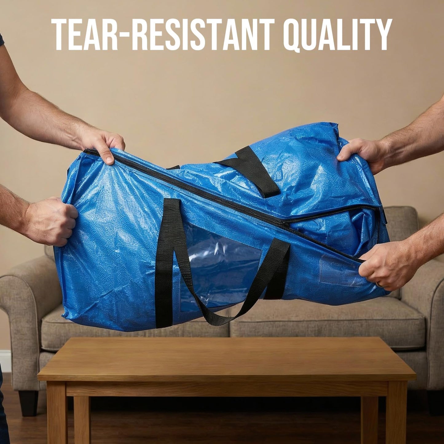 TAILI Extra Large Moving Bags, Heavy Duty Totes for Storage with Visible Window, U-Shaped Around Handles, Storage Contrainer Box for Space Saving, Blue, 4 Pack