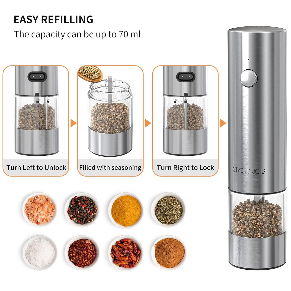 CIRCLE JOY Electric Salt and Pepper Grinder Set, Automatic Spice Grinder Pepper Mills with Portable Dual Charging Station, White Led Light and Adjustable Coarseness