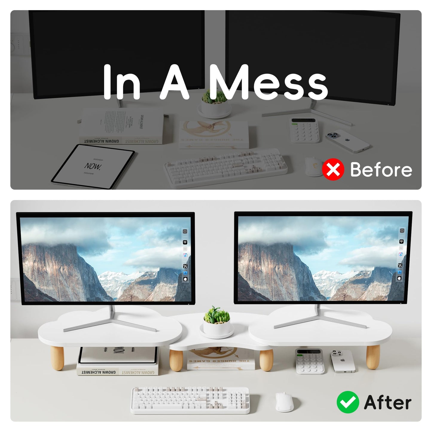 Afooyo Dual Monitor Stand Riser,Rainbow Cloud Desktop Computer Stand for 2 Monitors,Adjustable Length and Angle Multifunctional Desktop Organizer Stand for Laptop, PC, Computer, Printer,White