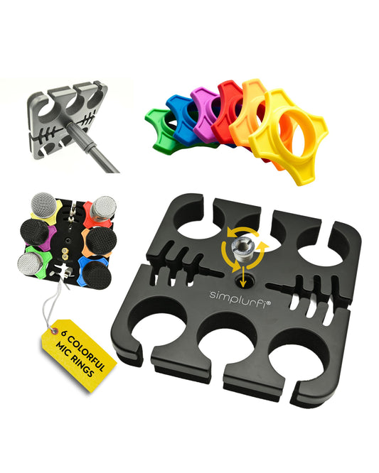 Multi Microphone Holder Cable Hanger & Organizer for Mic Stand - Square Tray Attachment holds up to 6 mics On Stage Organizer and Display - 6 Anti-roll Rings Included