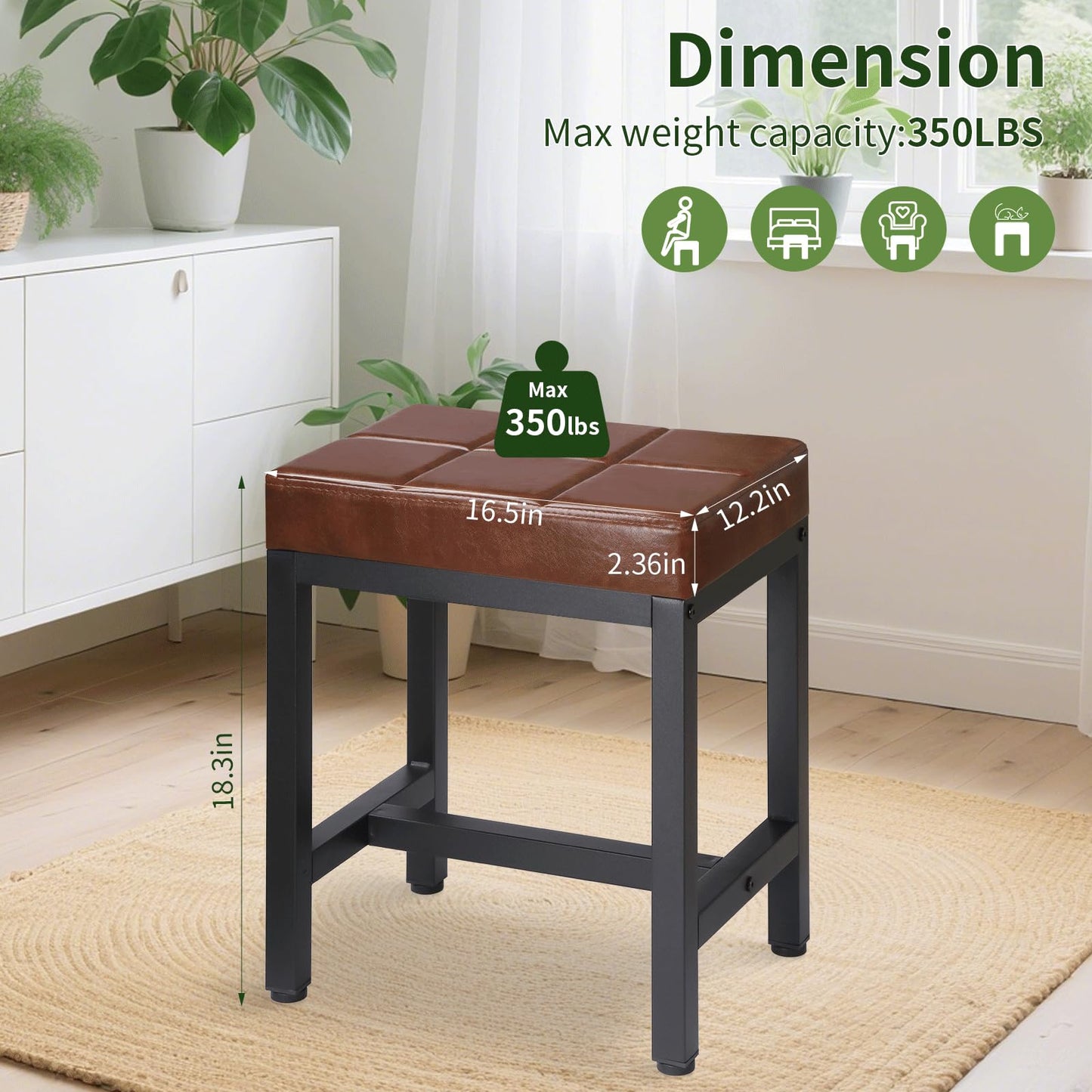 FLYZC Vanity Stool, Vanity Chair for Makeup Room, Square Faux Leather Small Ottoman Foot Stool with Metal Legs, Modern Makeup Chair for Bedroom, Living Room, Brown