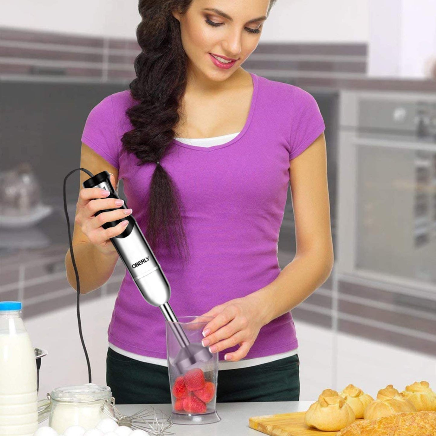 Immersion Hand Blender Electric, OBERLY 500W Heavy Duty 3-in-1 Handheld Stick Mixer, Smart Stepless, Stainless Steel Blade with Milk Frother, Egg Whisk for Coffee Foam, Smoothies and Puree