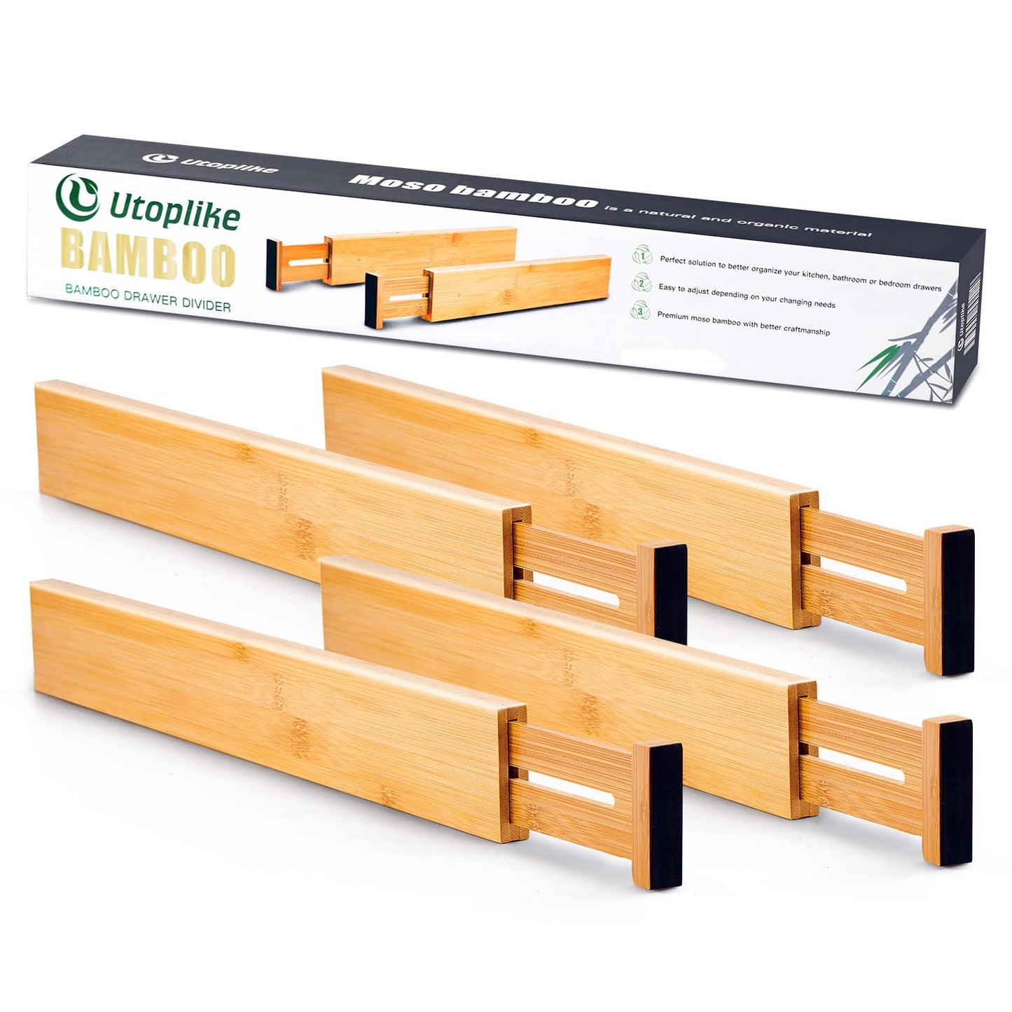 Utoplike 4 Pack Bamboo Kitchen Drawer Dividers,Adjustable Drawer Organizers,Spring Loaded,Works in Kitchen,Dresser,Bathroom,Bedroom,Drawer,Desk