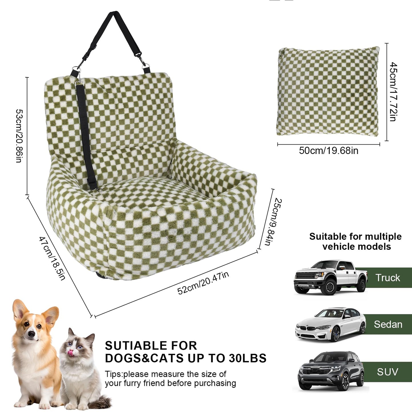 2-in-1 Dog Car Seat for Small Medium Dogs,Detachable Washable Dog Booster Car Seat with Thick Cushion for Dogs Up to 30lbs,Comfortable Soft Dog Bed for car with Safety Belts,Green