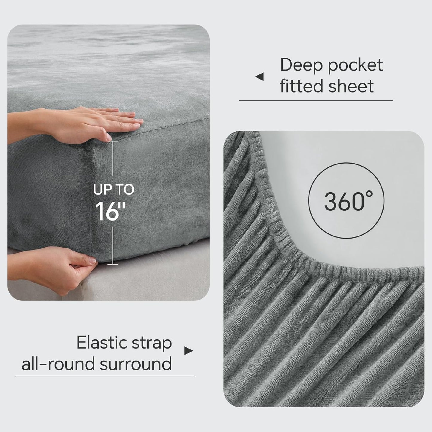 BEDELITE Fleece Sheets Bed Set, Super Soft and Warm Fuzzy Plush Set 4 Piece for Winter Gift & Decor, Includes 1 Deep Pocket Fitted Sheet, 1 Flat Sheet and 2 Pillowcases Queen Size, Grey