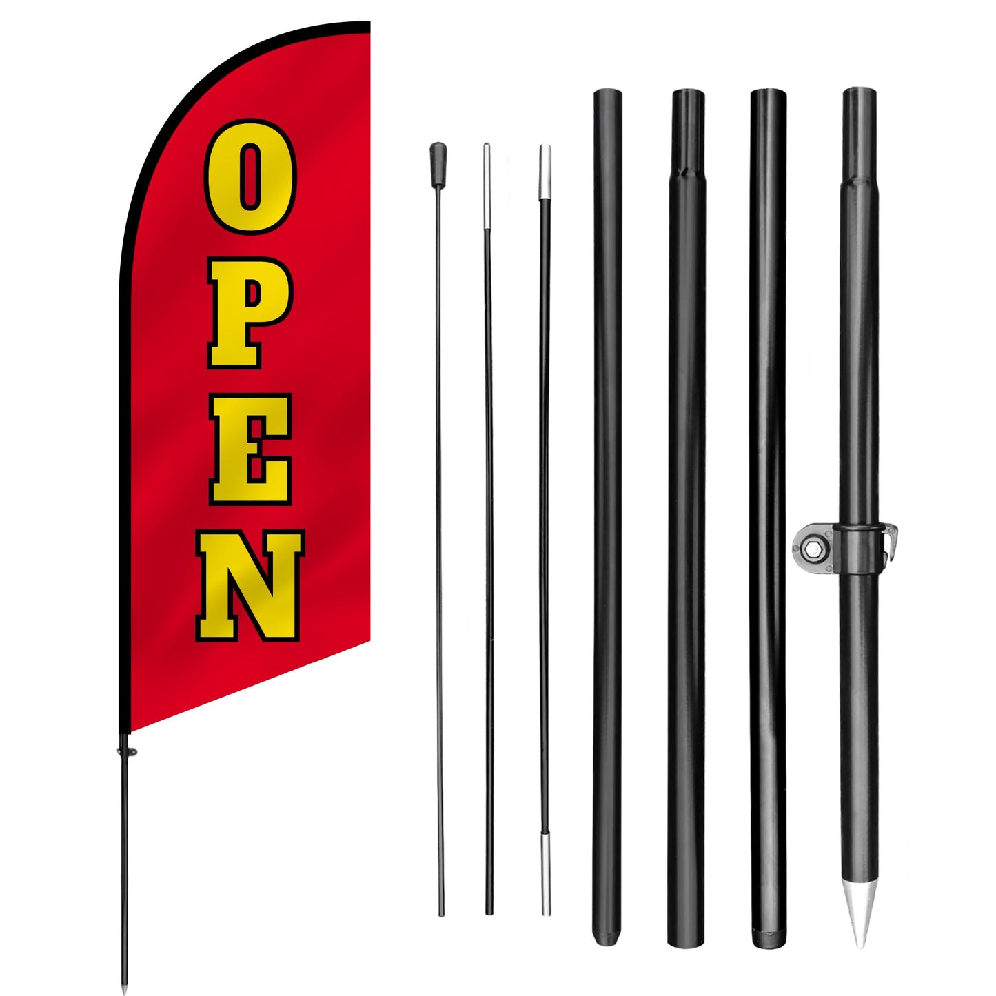 Anley 7.5 FT Open Feather Flag Banner Kit - Outdoor Swooper Advertising Flags with Pole and Stake – Open Sign for Storefront, Business Promotion, Events, Trade Shows – Weather Resistant & Easy Setup