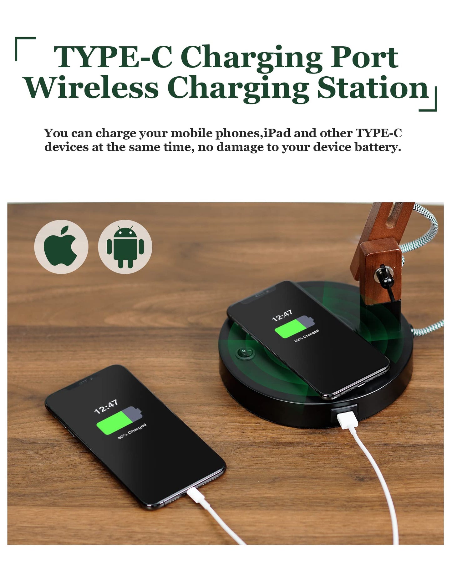 ELYONA Modern LED Desk Lamp with Upgraded Wireless Charger & USB C Charging Port Sapele Wood Table Lamp Swing Arm Bedside Reading Task Light for Dorm Office Bedroom Living Room Bulb Included Black