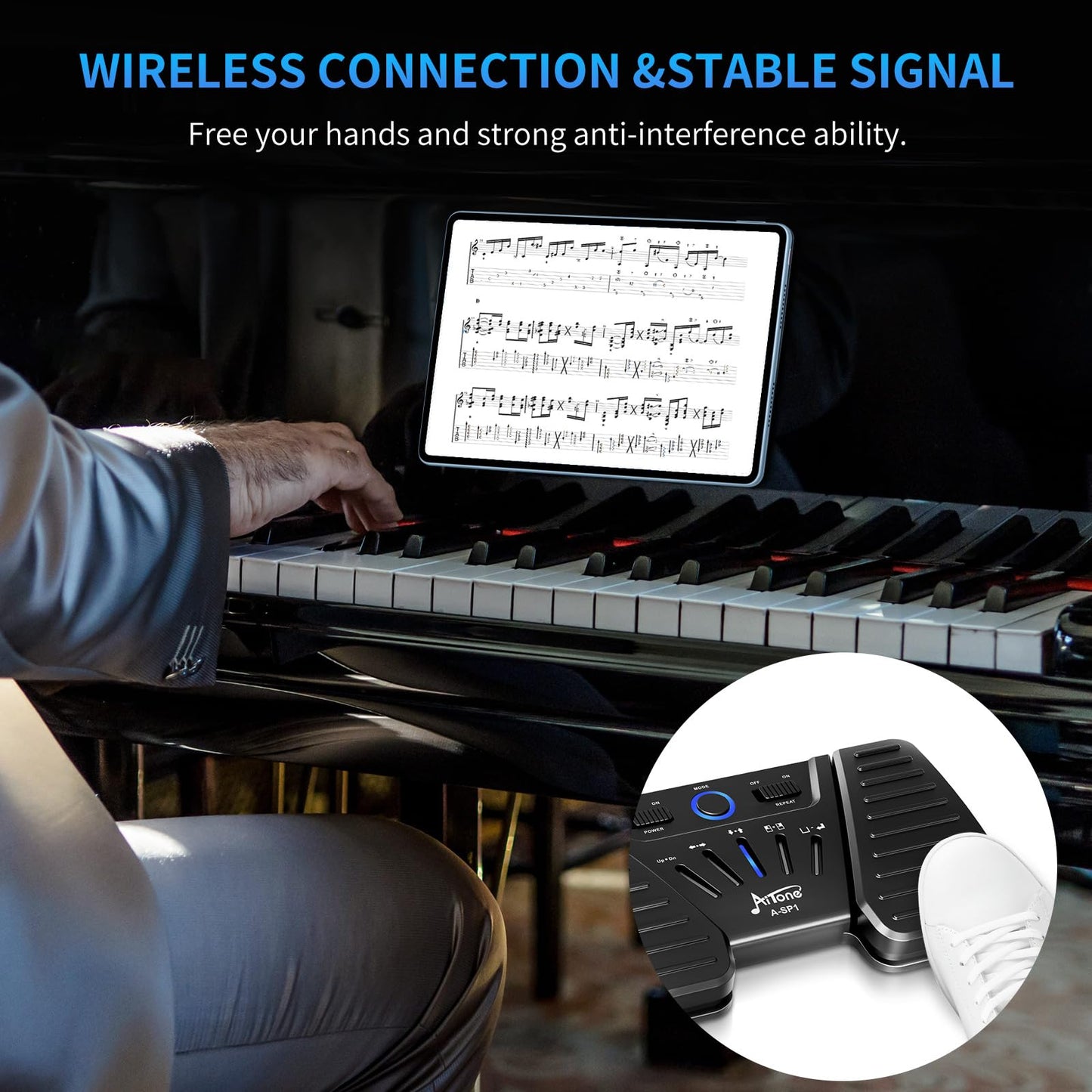 AITONE Wireless Side Turner Bluetooth Foot Pedal Music Page Turner for iPad Tablets Android Ios Phones Piano Keyboard Compatible with Various Music Apps (A-SP1)