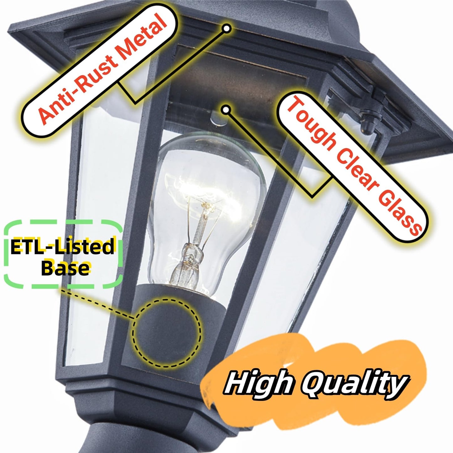 Outdoor Post Light, Pole Lantern, E26 Base 60W Max, Aluminum Housing Plus Glass, Wet Location Rated, ETL Qualified, Bulbs not Included, Black