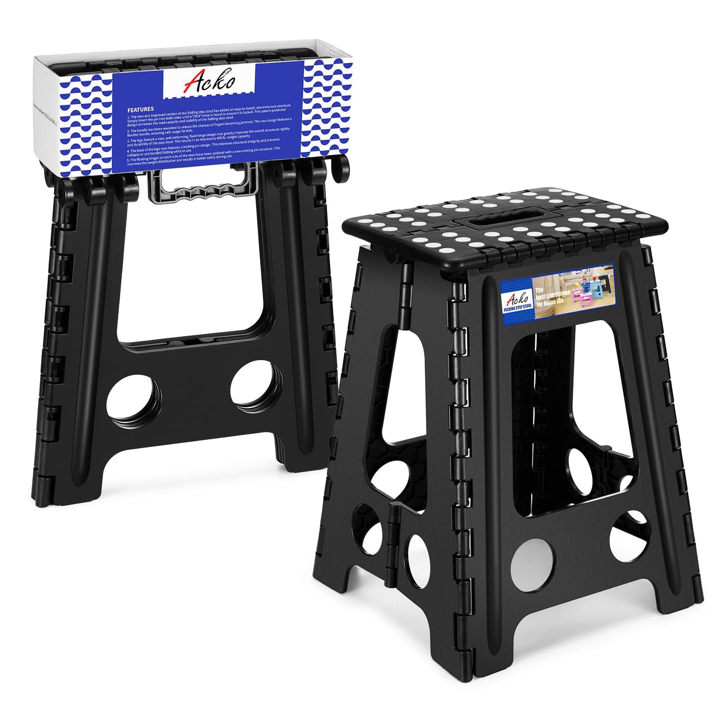 ACKO Folding Step Stool 17.5 Inch Heavy Duty Step Stool Foldable for Adults and Kids, Collapsible Black Stool with Handle, Non Slip Folding Stools for Kitchen Hold Up to 400lbs