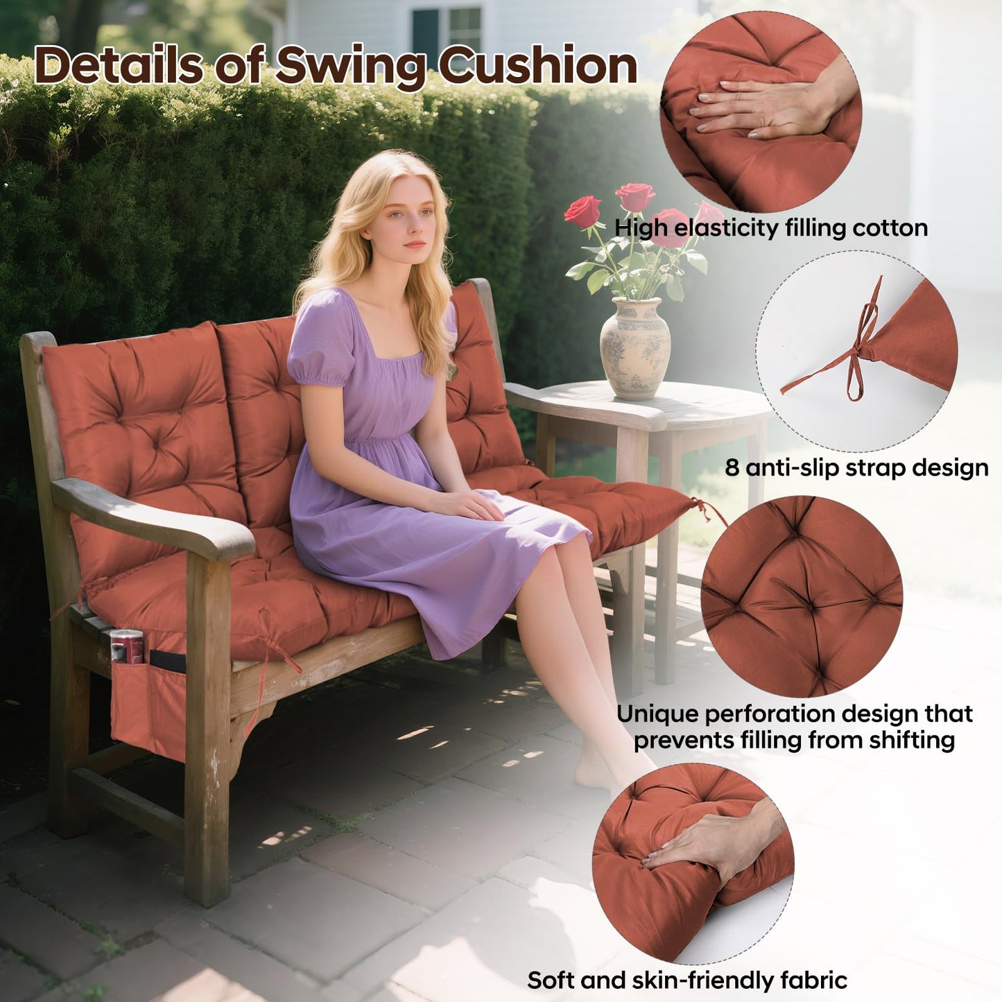 FAMIROSA 3 Seater Porch Swing Cushions, Thick 60 x 40 x 4in Outdoor Swing Cushion with 8 Straps, Water Resistant 3-seat Replacement Cushion for Patio Swing Chair Bench Couch Outside Furniture, Brown