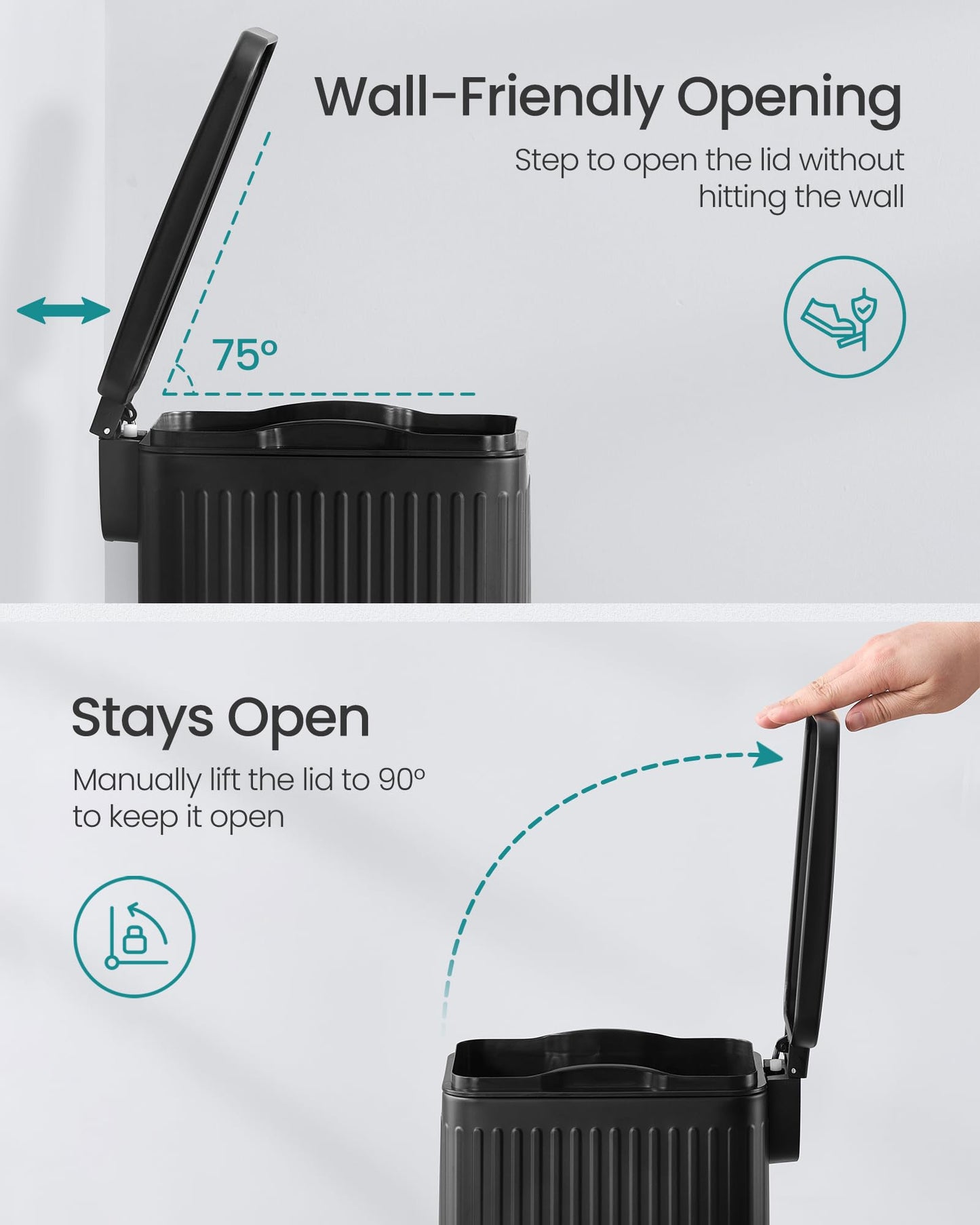 SONGMICS Bathroom Trash Can, 1.6-Gallon (6 L) Trash Bin with Lid, Slim for Small Spaces, Stainless Steel Garbage Can, Soft Close, Ink Black ULTB563B02