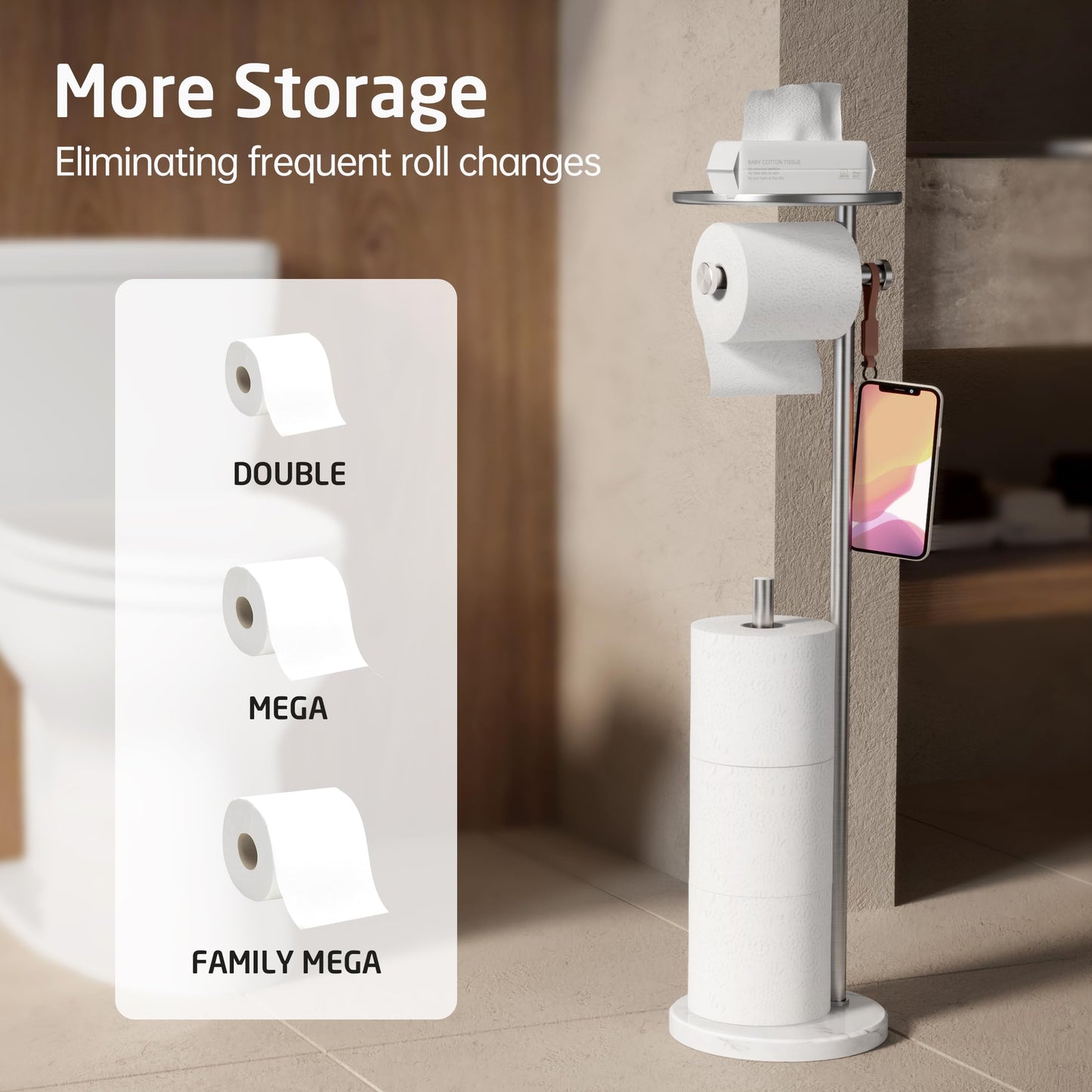 KES Toilet Paper Holder with Shelf, Toilet Paper Roll Holder Free Standing with Weighted Marble Base, Bathroom Toilet Paper Holder Storage 18/8 Stainless Steel, Brushed Steel, BPH229-2