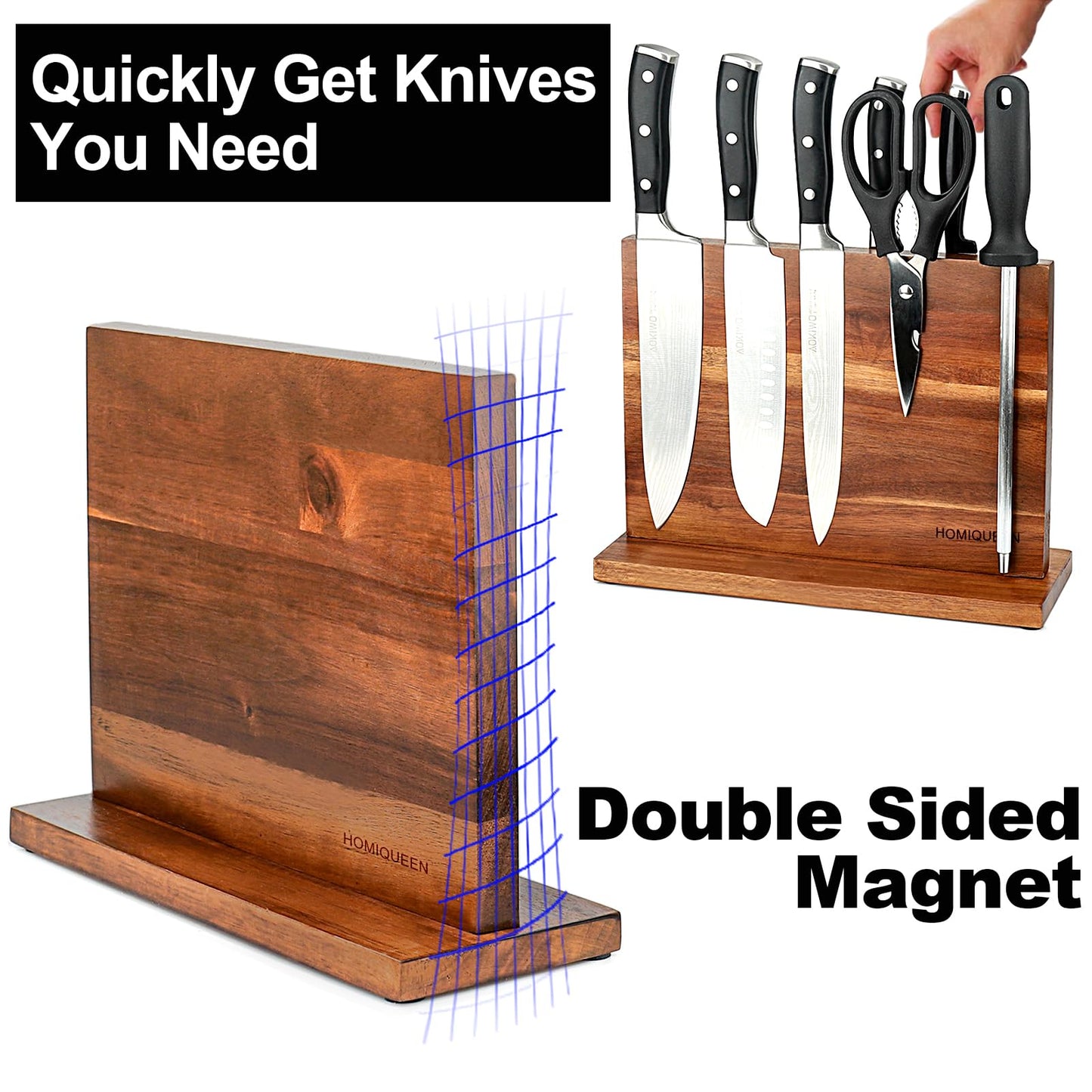 Magnetic Knife Block Magnetic Knife Holder Double Sided Rack with Strong Enhanced Magnets Acacia Wood Magnetic Knife Storage Stand