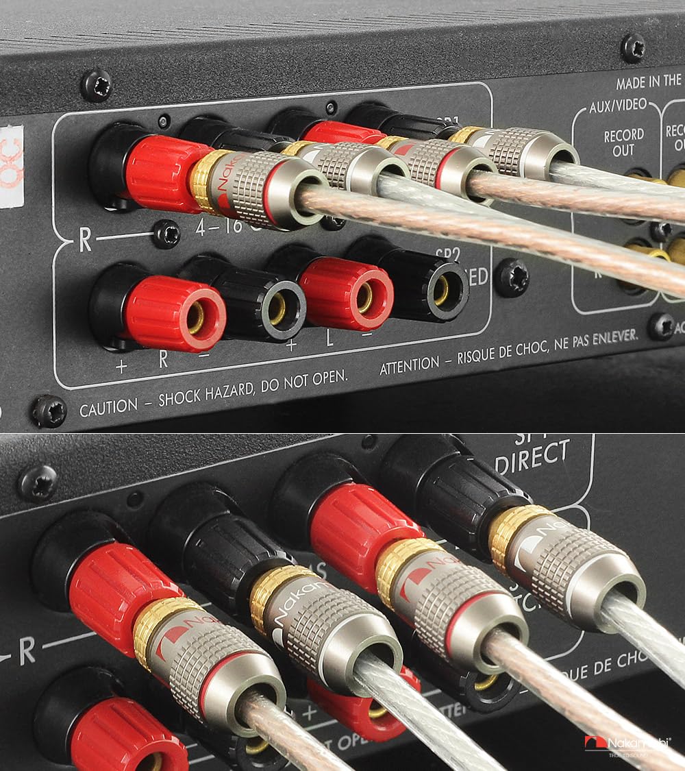 Nakamichi FanLock Excel Series 24k Gold Plated Banana Plug 10 AWG - 18 AWG Gauge Size 4mm for Speakers Amplifier Hi-Fi Stereo Home Theatre Radio Audio Wire Cable Quick Connector, 16 Pcs (8-Pairs)