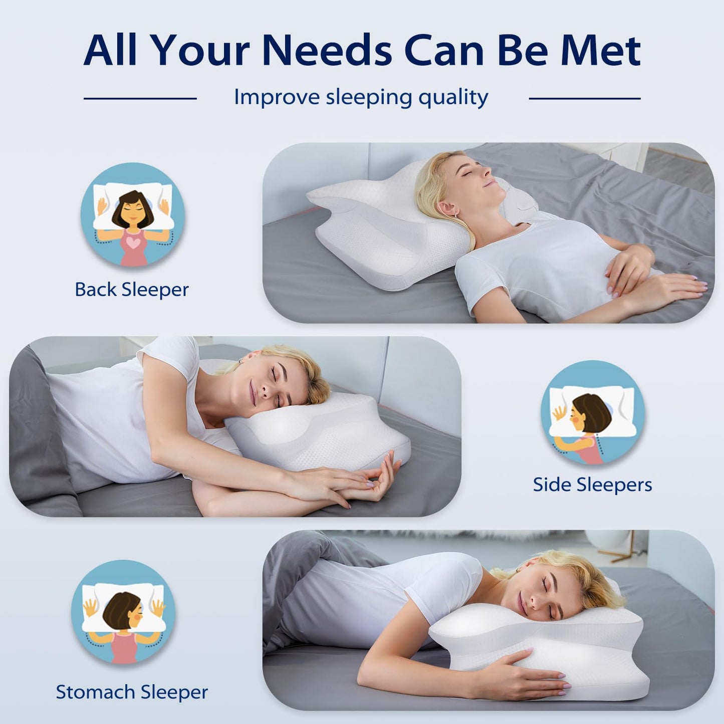 HOMCA Cervical Pillow, Ergonomic Neck Support Pillows for Sleeping, Memory Foam Neck Pillow for Side Back Stomach Sleepers with Soft Breathable Pillowcase(White)
