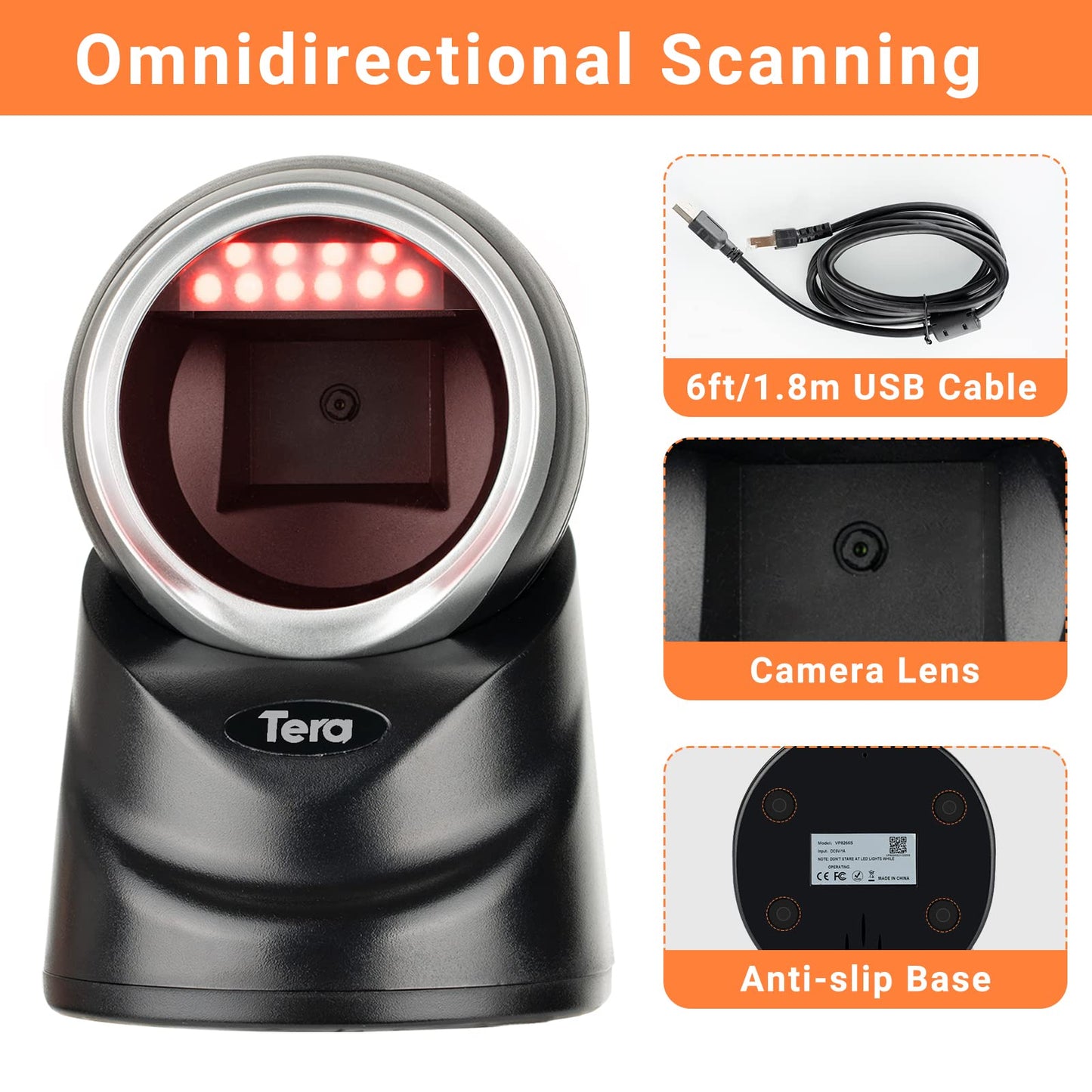 Tera 1D 2D QR Desktop Barcode Scanner Omnidirectional Hands-Free USB Wired Barcode Reader Scanner with Automatic Image Sensing Scanning Platform Scanner for POS Supermarket Library Retail Store 9100