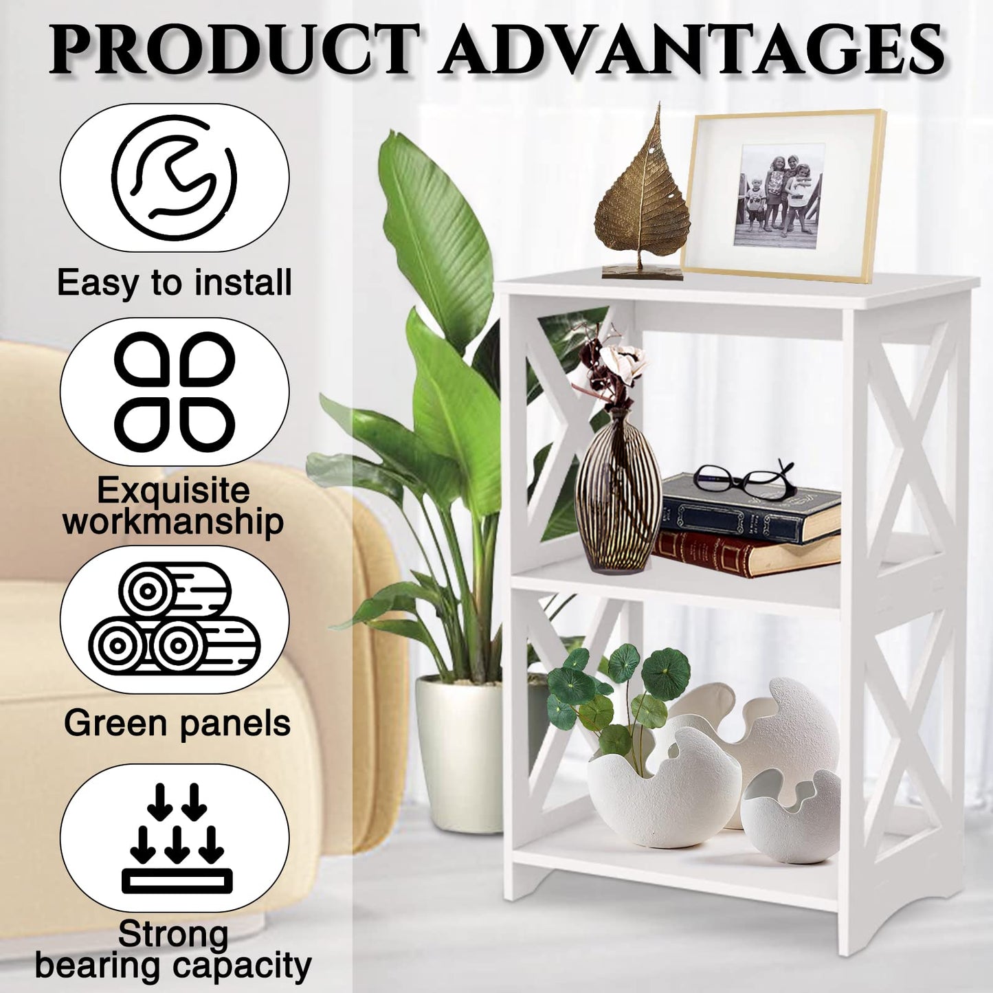 OKSTENCK Small Bookshelf Bookcase 2 Layers, White Side Table, Bedside Table, End Table, Suitable for Living Room, Bedroom, Office.