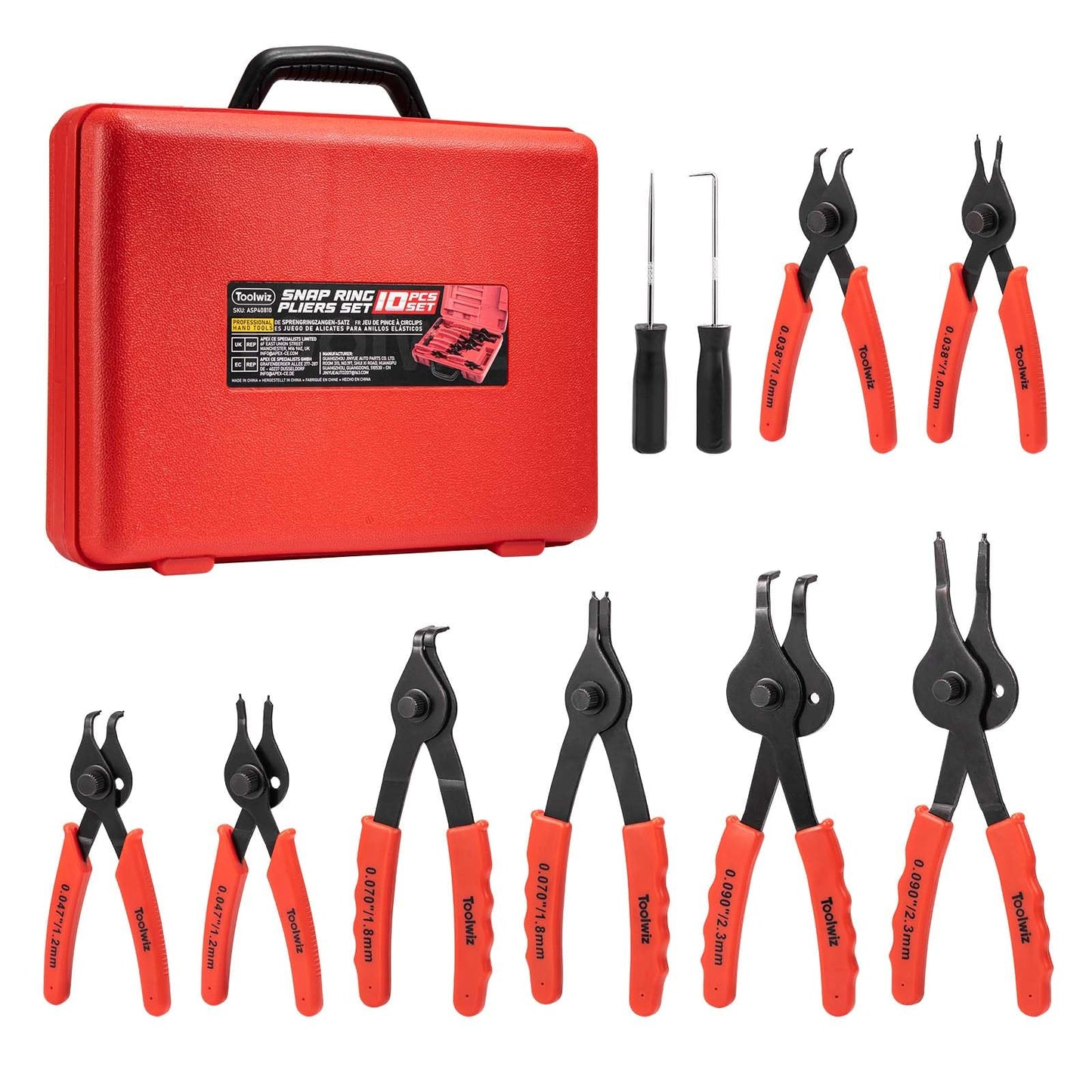 Toolwiz Snap Ring Pliers Set, 10 Pcs Internal & External Retaining Ring Circlip C Clip Pliers, Heavy Duty Bent Straight Automotive Tools, Include Hook, Pick, and Storage Case