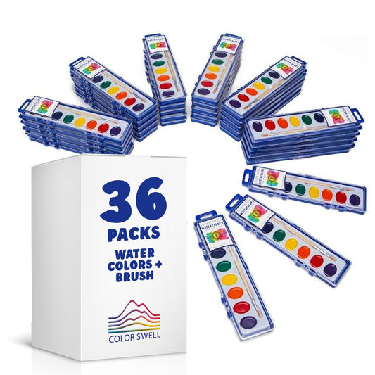 36 Set Watercolor Paint Pack with Solid Wood Brushes 8 Colors Washable Water Colors Perfect for Kids Adults, Parties Students Classroom Bulk by Color Swell