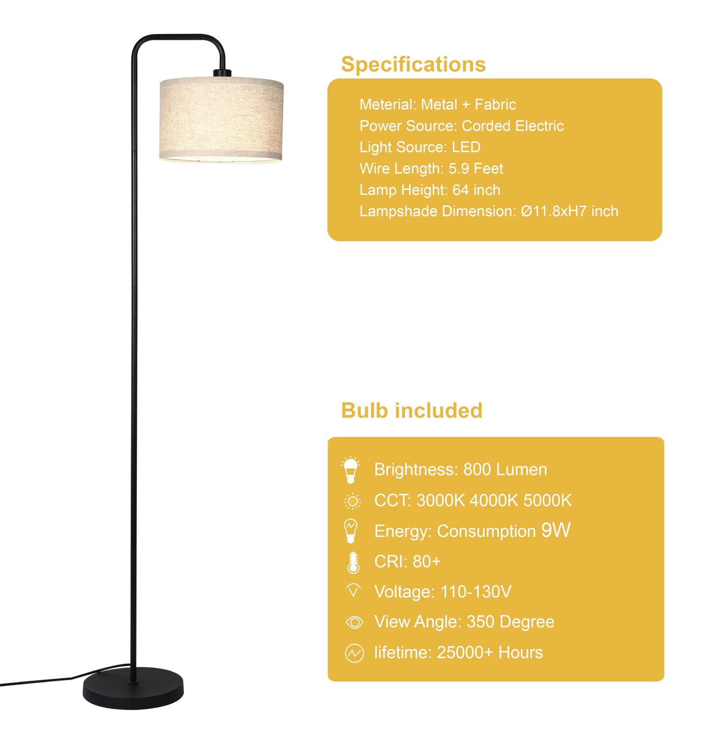 Floor Lamp for Living Room, Modern Arc Standing Lamp, 3 Color Temperatures, Bulb Included Suitable for Living Room, Bedroom, Office, Study, Baby's Room etc.