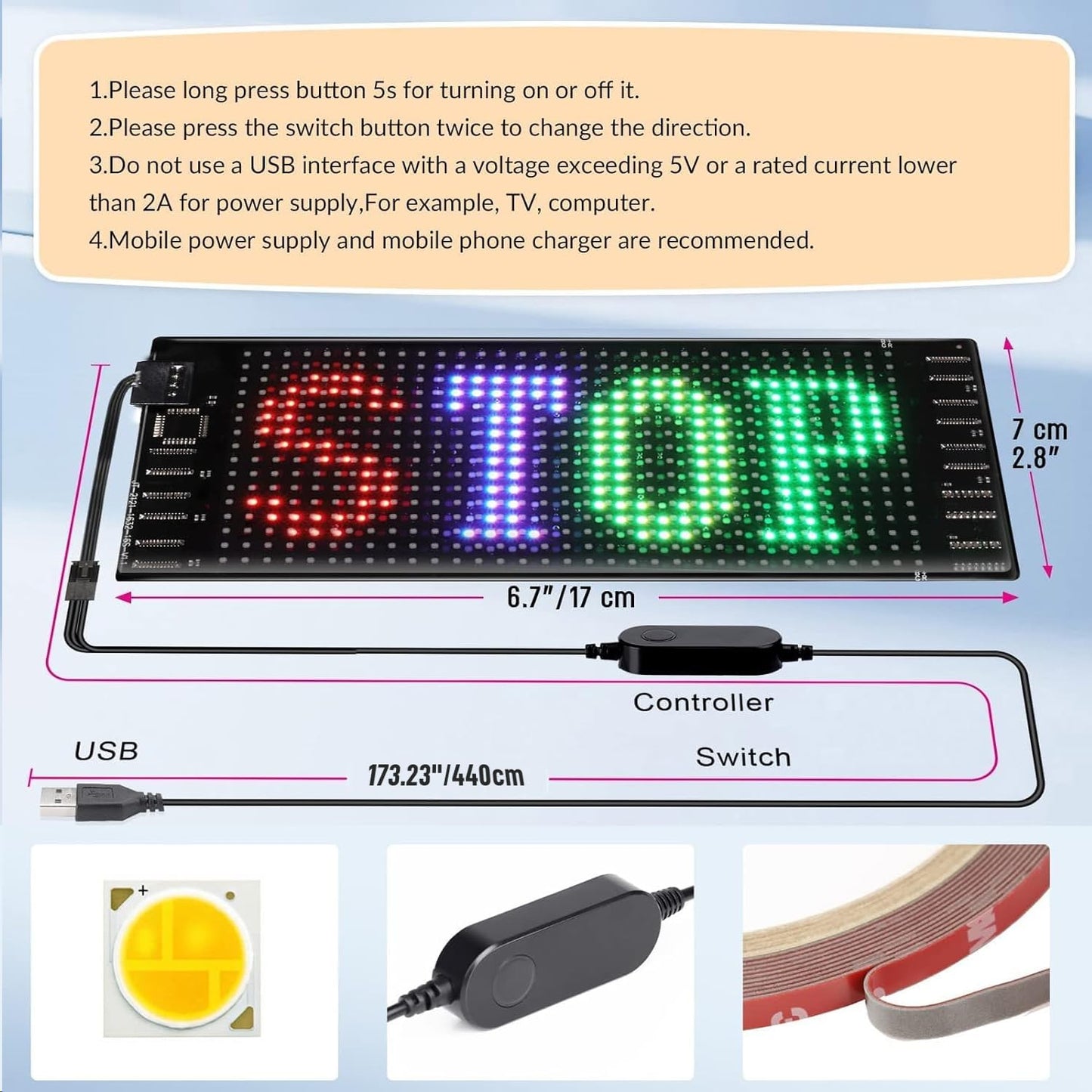 RAYHOME LED Sign for Car, 7''x3''Flexible LED Matrix Panel USB 5V Bluetooth Application Control DIY Programmable Scrolling Sign for Car Party Wedding Festival