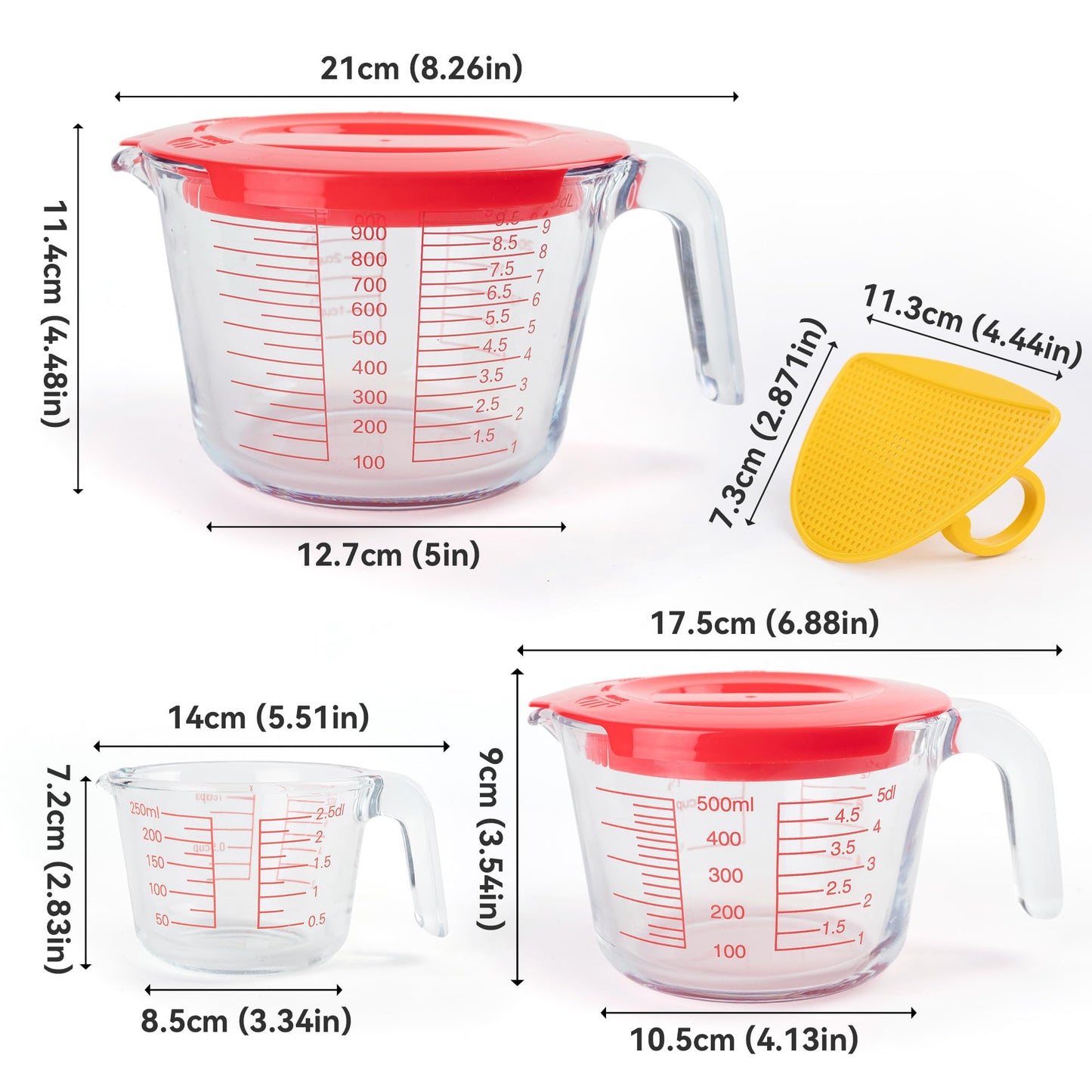CUTEPLAN 6 Pcs Glass Measuring Cups Set with Lids (Strainer Included) - 1-Cup/2-Cup/4-Cup Nesting Jugs with Easy-Grip Handles, Kitchen Liquid Measuring