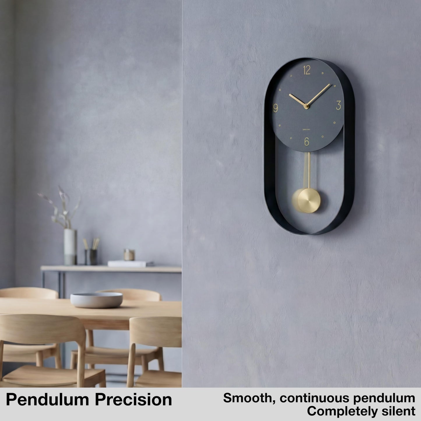 Driini Modern Pendulum Wall Clock - Decorative and Unique Metal Frame, with 8 Inch Face - Contemporary, Minimalist Design, with Silent Battery Operation - Includes Both Black and Gold Pendelum