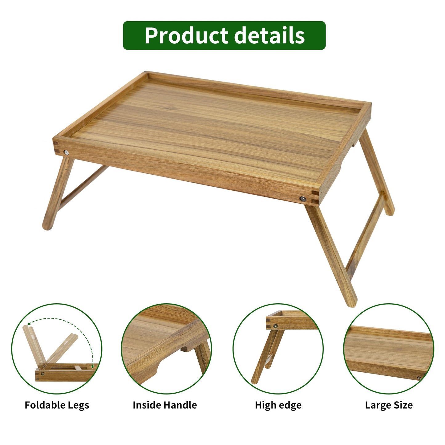 VaeFae Acacia Bed Table Tray, Wooden Breakfast Tray with Folding Legs, Bed Tray for Eating and Laptop, Eating Trays for Bedroom (Extra Large Size)