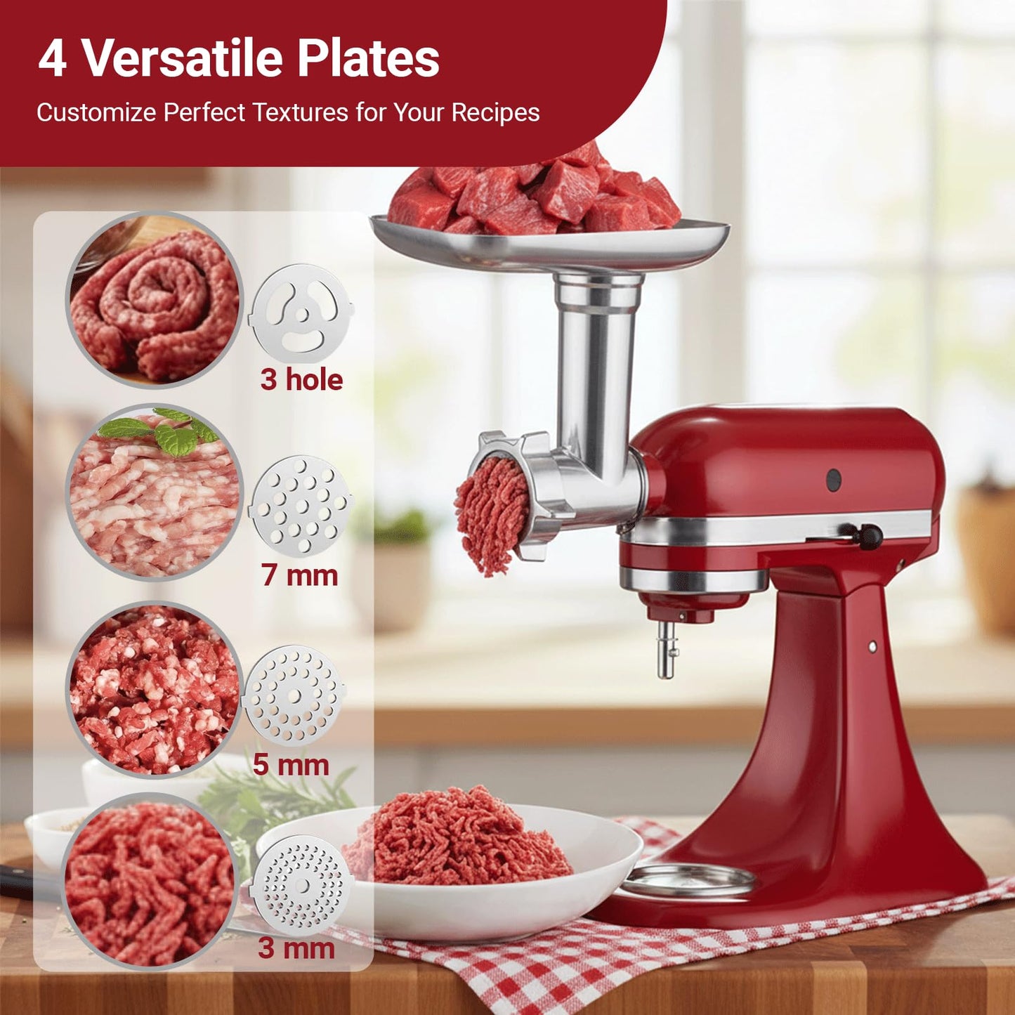Meat Grinder & Slicer Shredder Attachments Compatible with KitchenAid Stand Mixers, 4 Blade Slicer/Shredder Set with Grinder Plates & Sausage Tubes for Mincing and Shredding