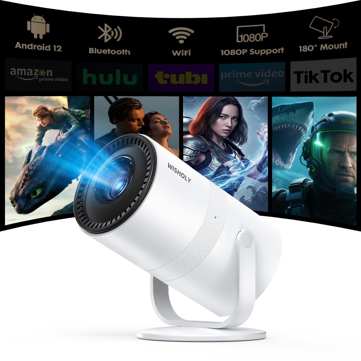 WISHOLY 1080P Mini Projector with WiFi 6 and Bluetooth [Built-in App & Electric Focus] Portable Outdoor Projector, 180° Rotatable Short Throw Movie Projector Compatible with Smartphone, HDMI, USB