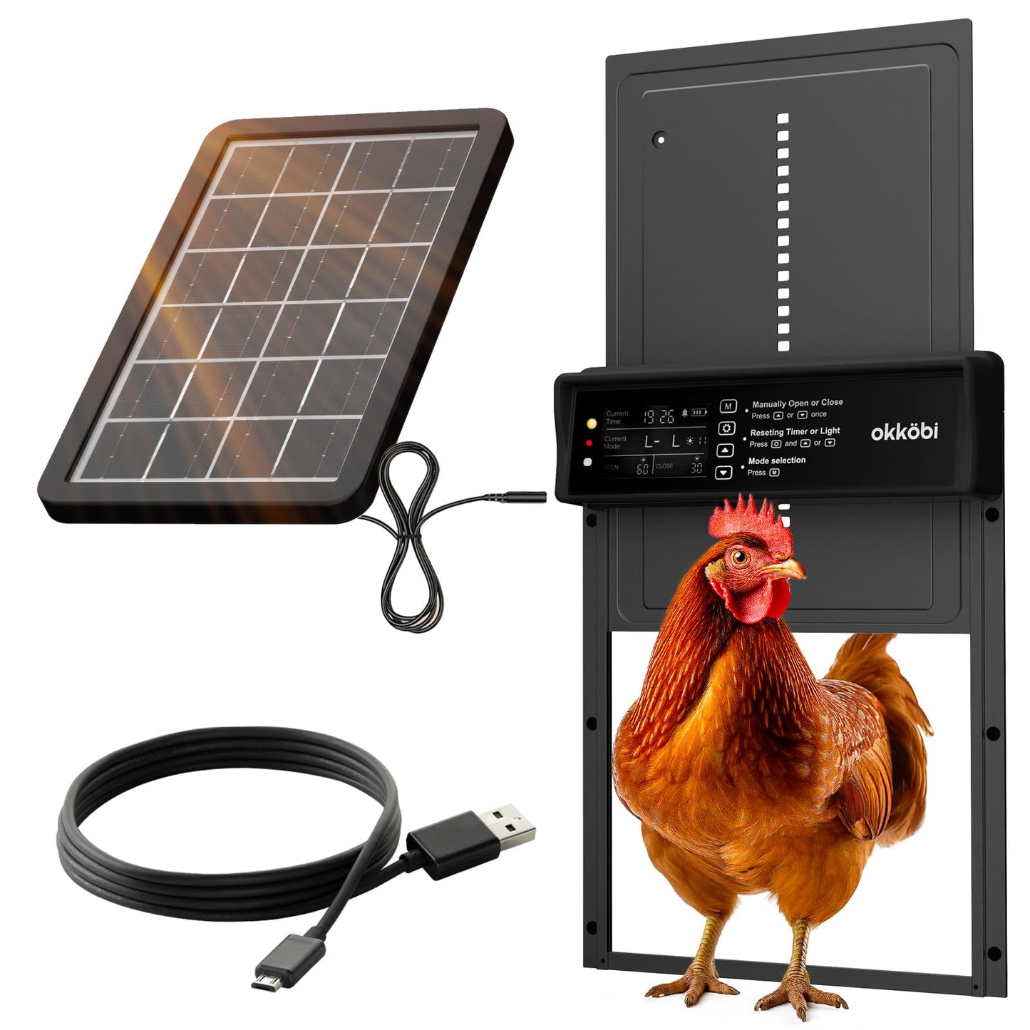 Okkobi Automatic Chicken Coop Door Solar Powered - LCD Display - Chicken Coop Door with Remote Control, Light Sensor & Timer - Security & Peace of Mind: Anti-Pinch function - 5-Year Protection - Black