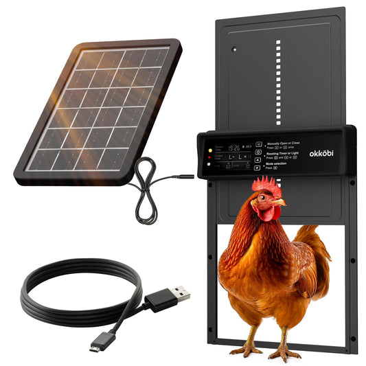 Okkobi Automatic Chicken Coop Door Solar Powered - LCD Display - Chicken Coop Door with Remote Control, Light Sensor & Timer - Security & Peace of Mind: Anti-Pinch function - 5-Year Protection - Black
