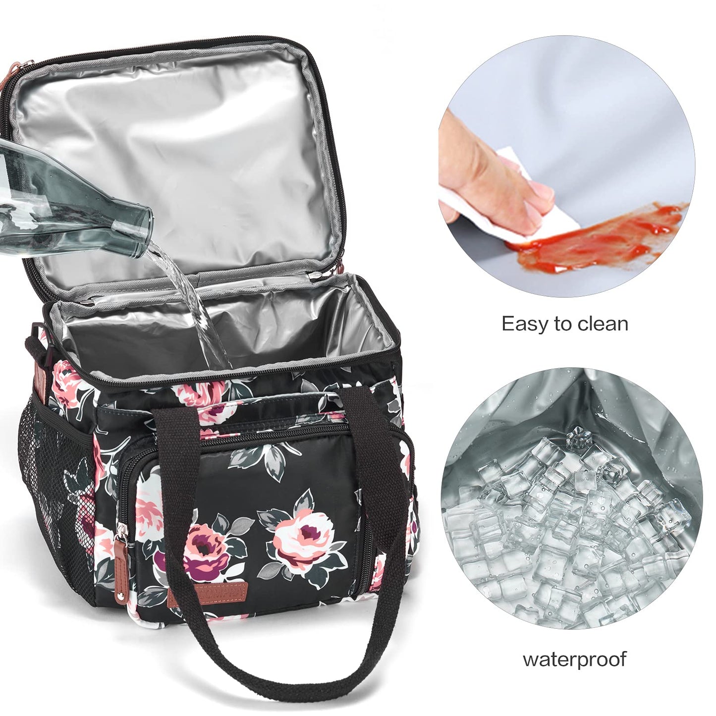 Lunch Bag Women Flower Insulated Lunch Box for Work, Expandable Large Lunch Bag, Leakproof Double Deck Lunch Box Cooler Bag with Removable Shoulder Strap（Flower）