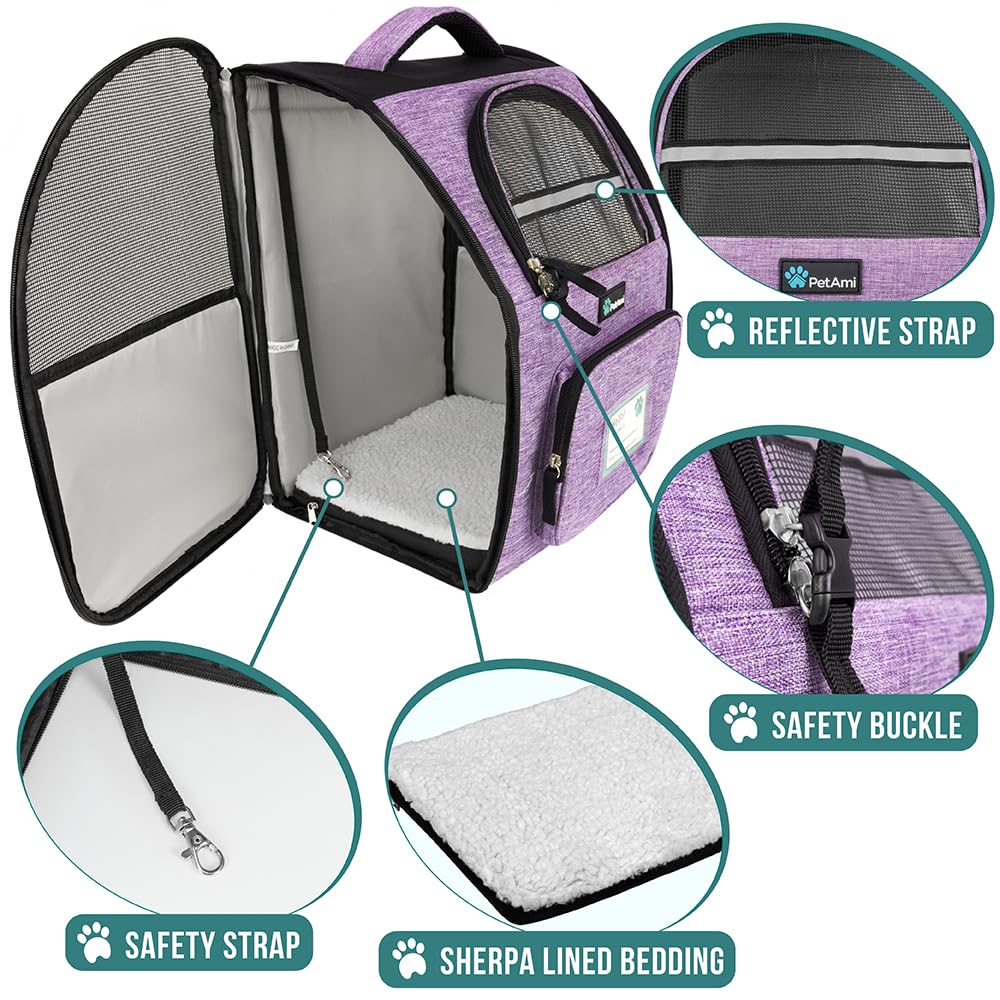 PetAmi Dog Backpack Carrier for Small Large Cat, Puppy - Ventilated Hiking Travel Bag, Airline Approved, Camping Biking Up to 18lbs - Purple
