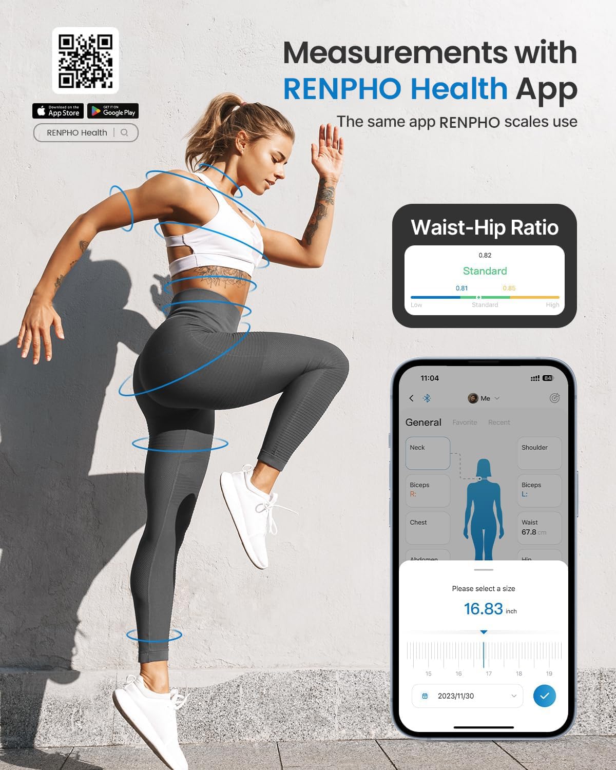 Smart Tape Measure RENPHO Bluetooth Measuring Tapes for Body Measurement Muscle Gain Fitness Bodybuilding Retractable Circumferences Inches & cm