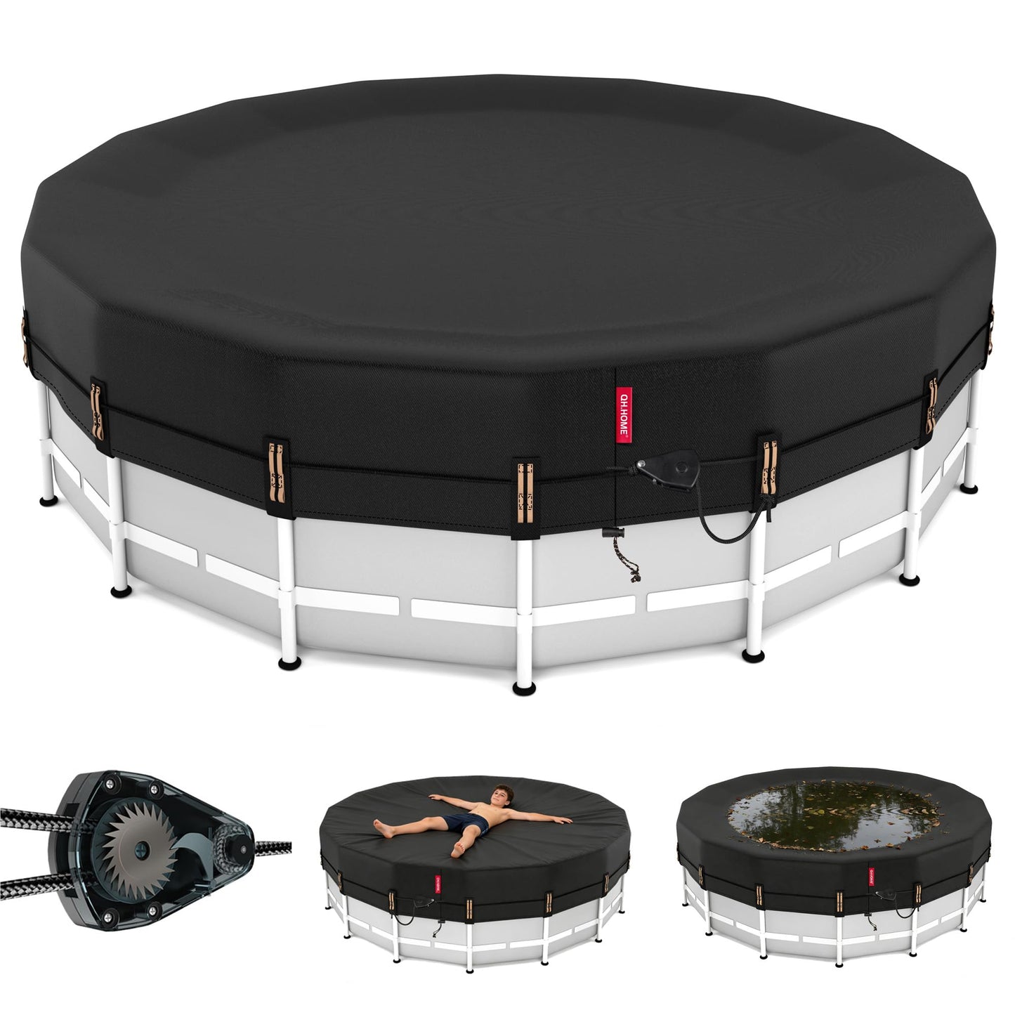 QH.HOME 15 ft Round Pool Cover,Solar Cover for Above Ground Pools - Black Oxford Fabric Heats Water, Blocks Leaves & Sun, Windproof Snug Fit with Patented Ratchet & Weight Rings