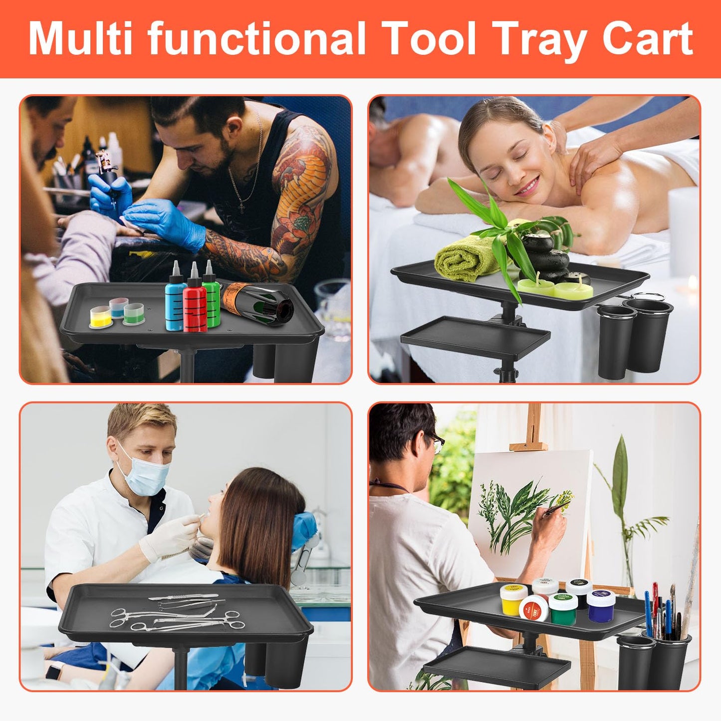 Salon Cart on Wheels, Aluminum Tattoo Tray With Storage Platform, Adjustable Height Service Rolling Cart, Accessory for Salon Spa Dental Use