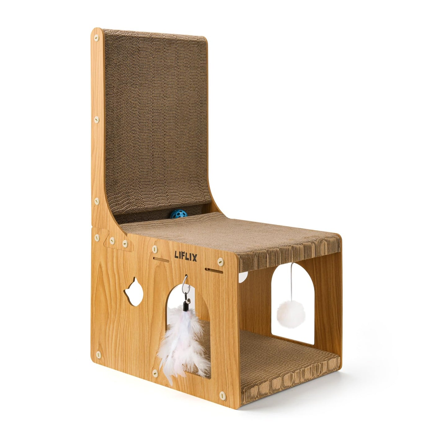 LIFLIX Double-Layer L-Shaped cat Scratching Board, Cardboard cat Scratching Post with Toys, Hideaway & Cat Scratcher for Indoor Cats to Scratch, Rest, Play