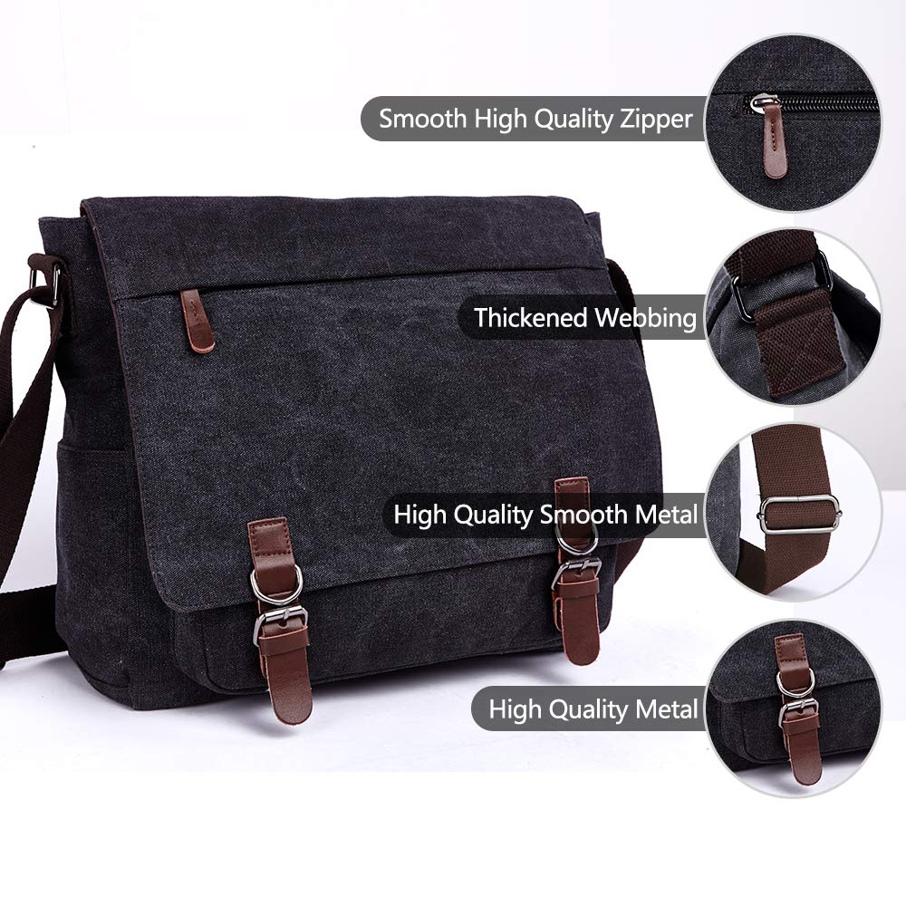 TELOSPORTS Large Canvas Messenger Shoulder Bag Multi-Pocket Crossbody Bags Vintage Business Bag for 15 Inch Laptop (black)
