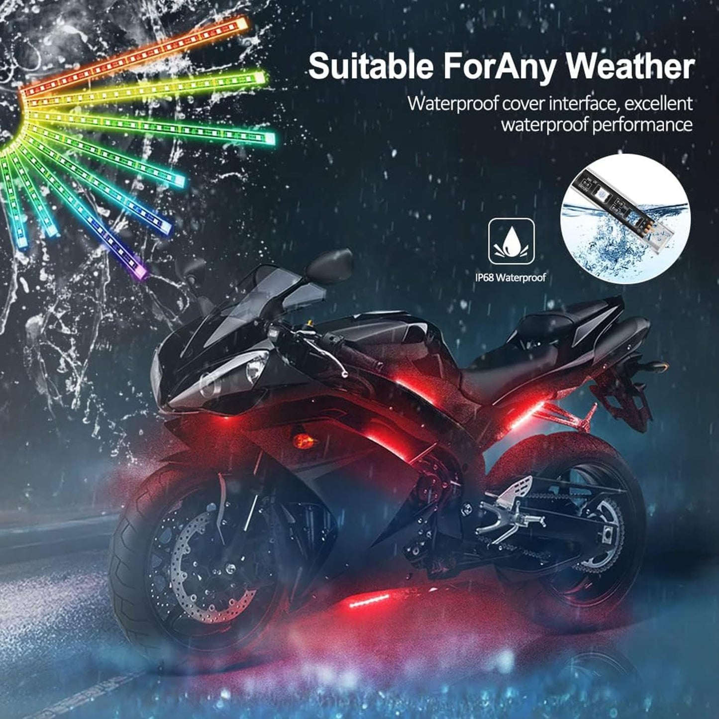 MAODANER 12pcs Motorcycle underglow LED Light Kit, RGB Motorcycle LED Interior Strip Lights with Music Mode, Brake Light Function Waterproof Motorcycle Accessories - Wireless APP Control, DC 12V