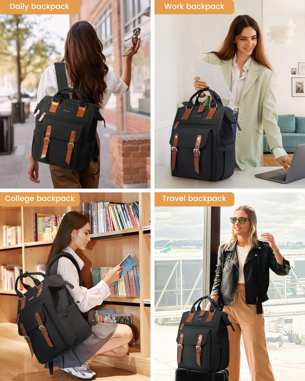 LOVEVOOK Laptop Backpack for Women Work Travel Backpack Purse Commuter Business Computer Bag Teacher Doctor Nurse Bags, College Backpack Daypack with USB Charging Port, 15.6 Inch, Black-brown
