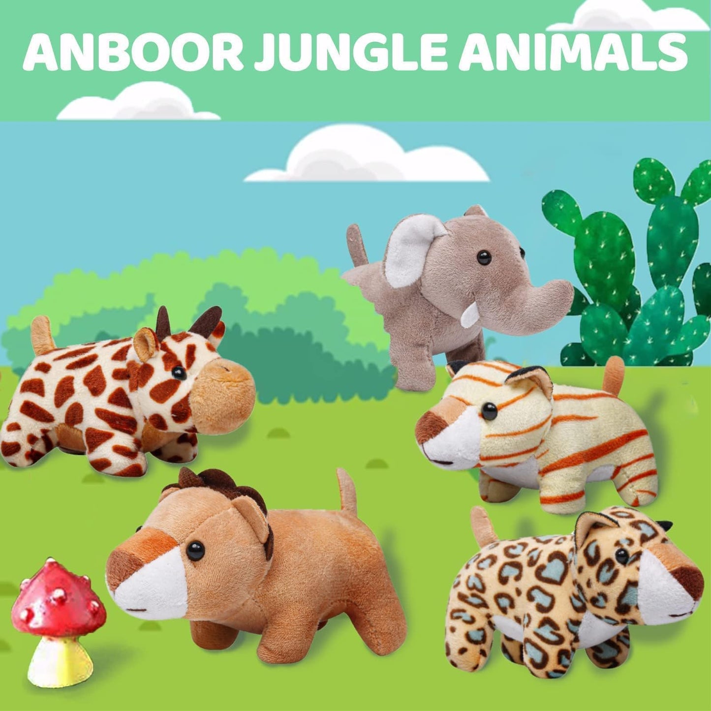 Anboor 10pcs Small Stuffed Animals—Jungle Animal Plush Set 4.8 Inch Cute Safari Stuffed Animals with Keychain for Animal Themed Party Favors Valentines Day Gifts (Sitting,Lying)